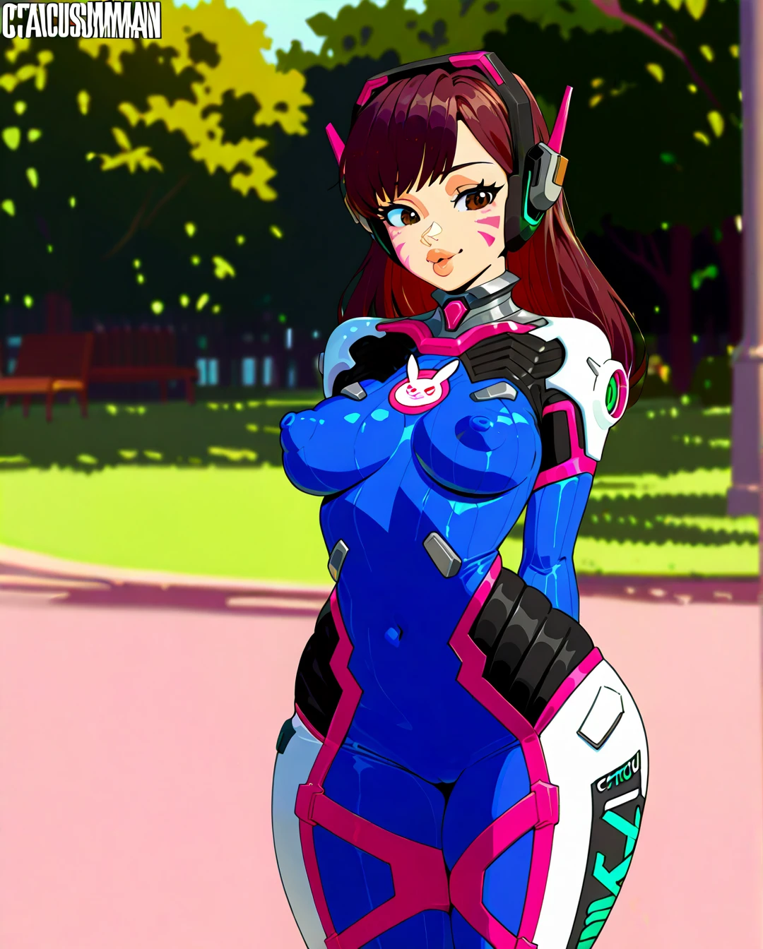 (cactusman:1.7), (flat_color:1.7), @d.va, normal breasts, puffy nipples, wide hips, squishy hips, thick thighs, squishy ass, squishy legs, squishy thighs, thick lips, clothed, covered nipples, park, standing, arms behind back