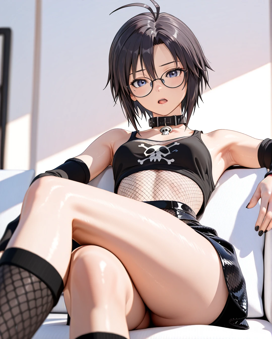 photorealistic (3D_AAA) (3D_anime) (thick_mouth-lips) (realistic_skin), ((very narrow waist)), (skinny) ((full_face)) petite_body (wide_hips) (open_mouth) (black_cut-hair) (bored) (presenting_armpit) (arm warmers) (black_nails) (high_thighs-socks) (collar_skull-bone) (blue_eyes) ((purple)) (fishnet_shirt) (skirt) (crossed_legs) @kikuchi_makoto (reclining) (confused) (eyewear) petite