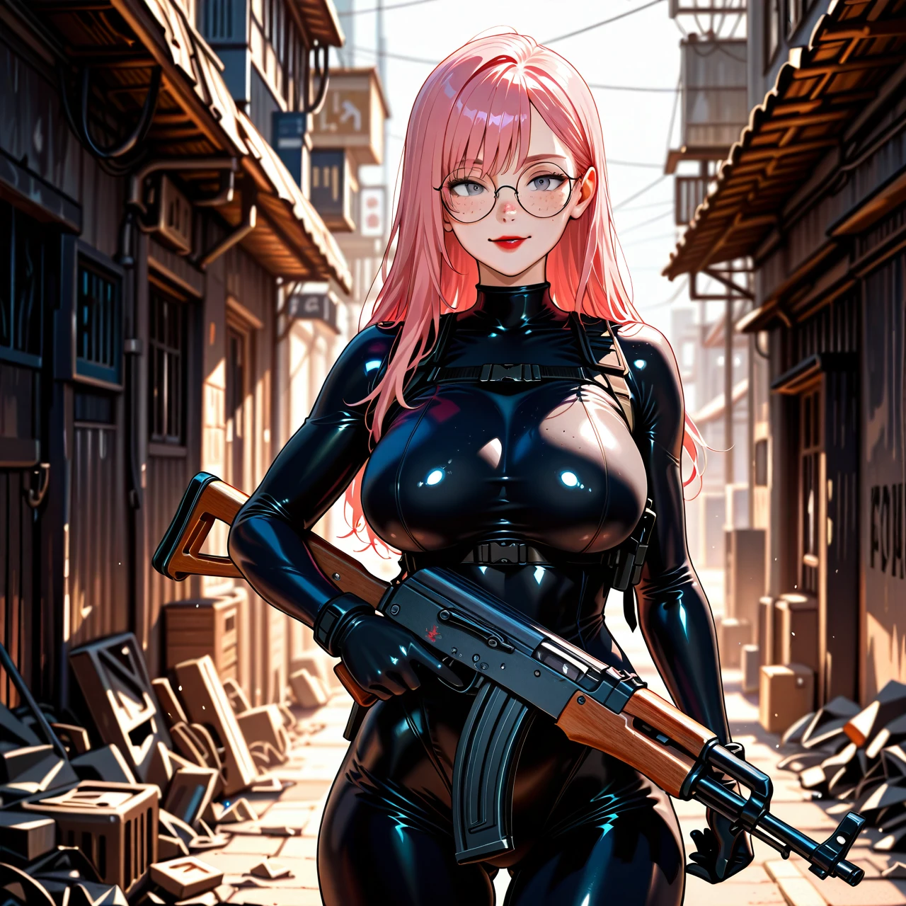 girl with cute face, straight long pink hair, red lipstick, round eyeglasses, big breasts, teen, skinny body, grey eye, a female stalker holding a kalashnikov assault rifle from the video game STALKER standing in a junkyard. she wears a tactical tight bodysuit, freckles.