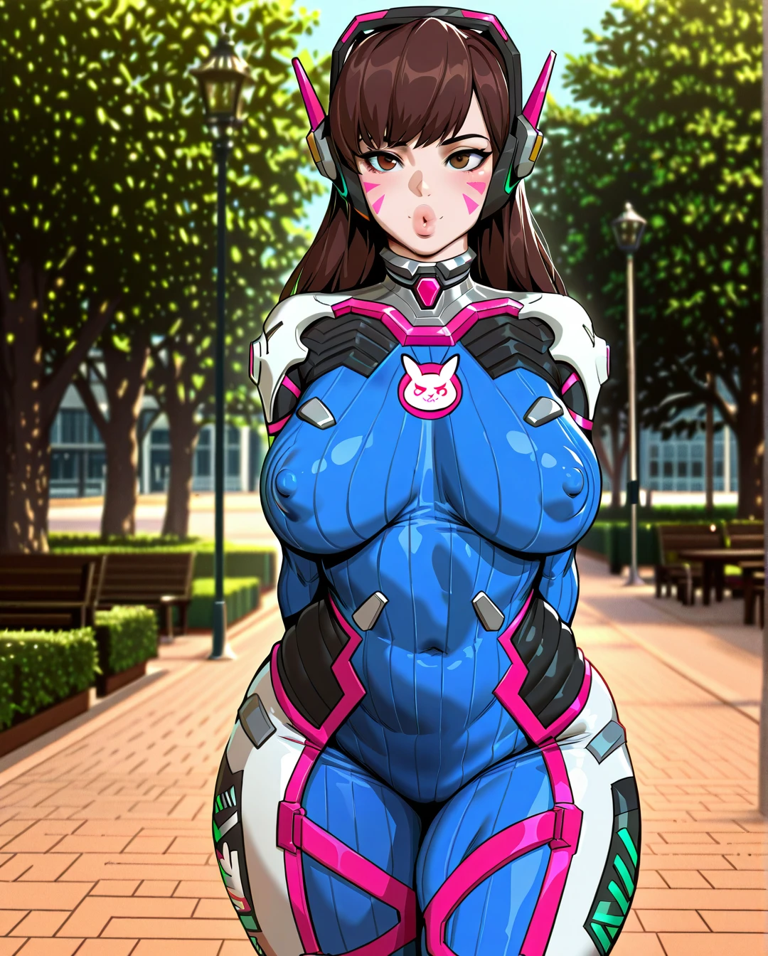 kunaboto, @d.va, normal breasts, puffy nipples, wide hips, squishy hips, thick thighs, squishy ass, squishy legs, squishy thighs, thick lips, clothed, covered nipples, park, standing, arms behind back