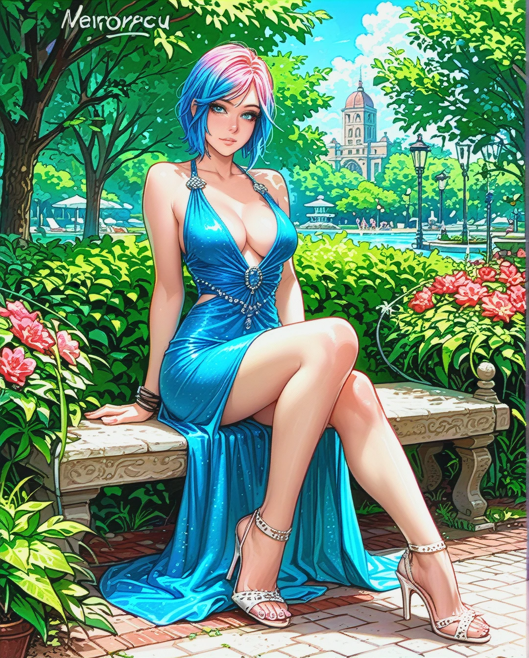 Chloe Price, beautiful eyes, busty, cleavage, sexy blue dress, summer dress, legs, heels, sitting, in park