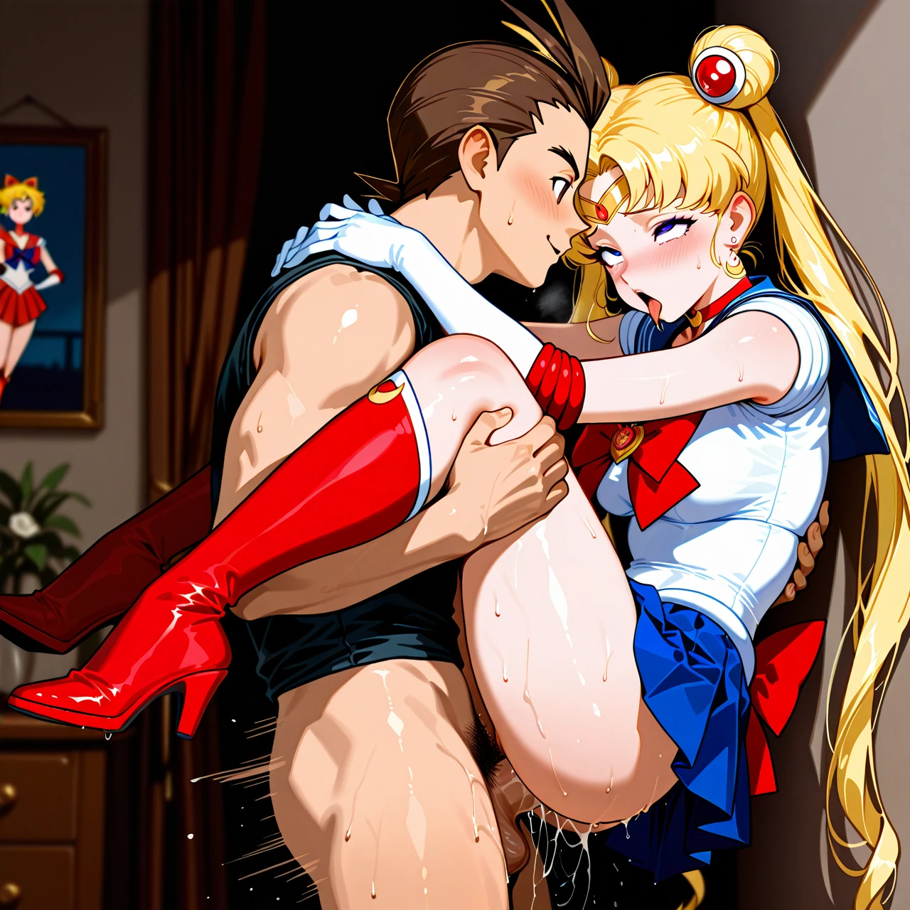 Apollo Justice, @sailor_moon, 1boy, 1girl, male on girl , The picture shows two guys, you can see both bodies, two faces, (sex) (vaginal)  (legs_up) bedroom,  Standing sex, holding her two legs,  side view, face, (ahegao) (happy) (spread_legs) boy stand, standing, (princess_carry) in clothed, big more pubic hair, The girl pressed herself against the wall, her legs on his shoulders