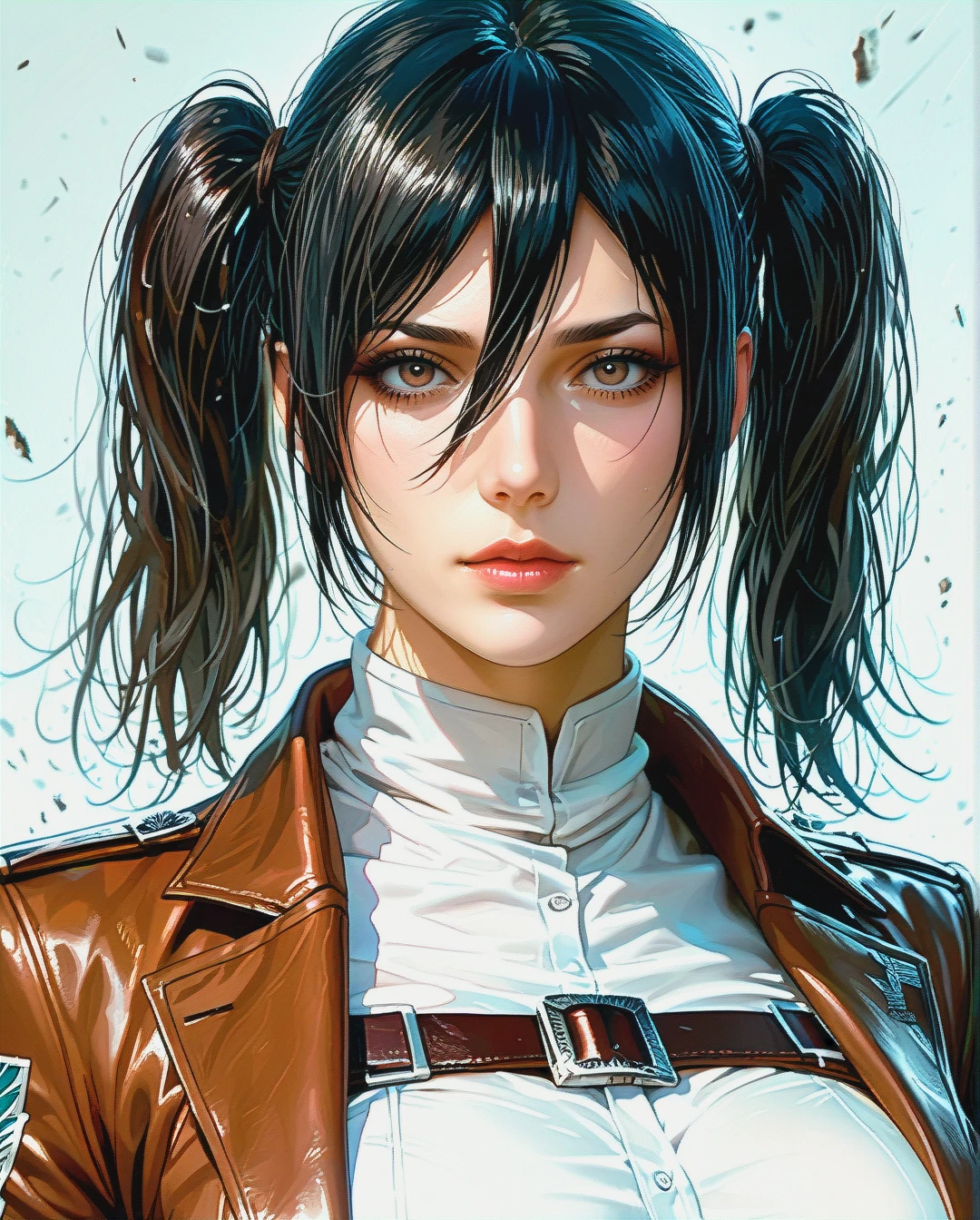 Mikasa Ackerman, mature, attack on Titan,,High Real Realistic Realistic,face chest focus,twintails , sexy clothes