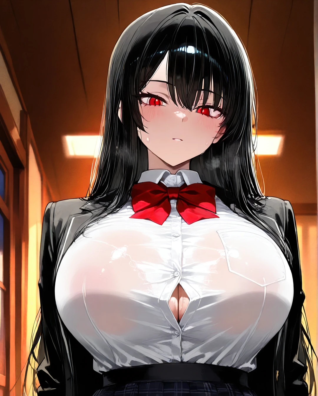 (futanari) (red_eyes) (black_hair) (long_hair) (huge_breasts) (school_uniform)