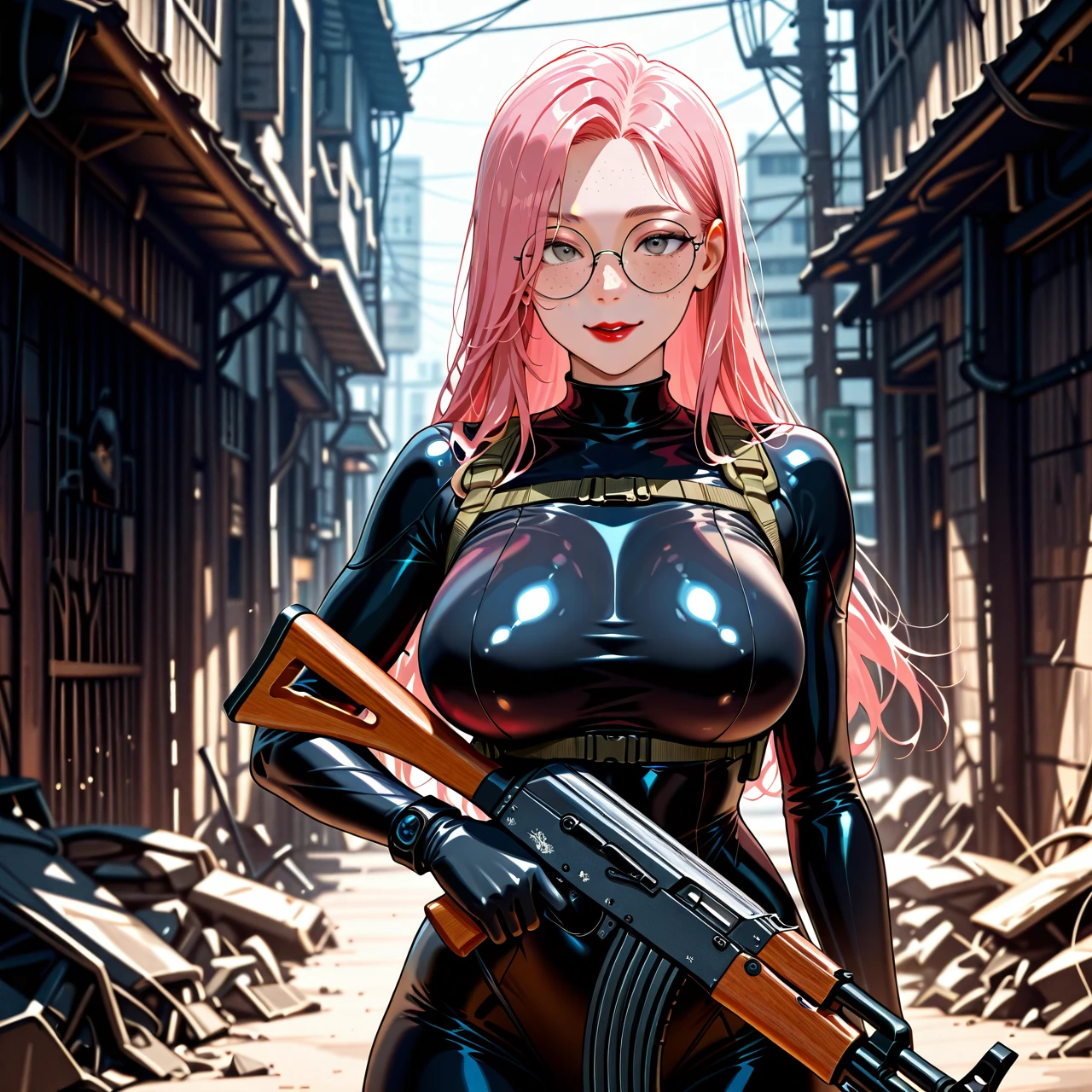 girl with cute face, straight long pink hair, red lipstick, round eyeglasses, big breasts, teen, skinny body, grey eye, a female stalker holding a kalashnikov assault rifle from the video game STALKER standing in a junkyard. she wears a tactical tight bodysuit, freckles.