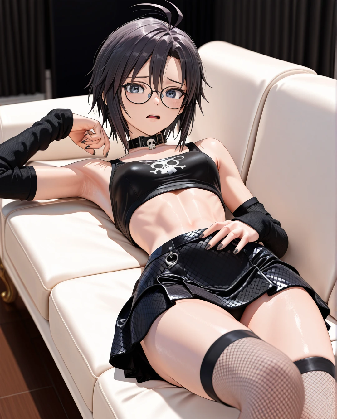 photorealistic (3D_AAA) (3D_anime) (thick_mouth-lips) (realistic_skin), ((very narrow waist)), (skinny) ((full_face)) petite_body (wide_hips) (open_mouth) (black_cut-hair) (bored) (presenting_armpit) (arm warmers) (black_nails) (high_thighs-socks) (collar_skull-bone) (blue_eyes) ((purple)) (fishnet) (skirt) @kikuchi_makoto (reclining) (confused) (eyewear) petite (white_couch)