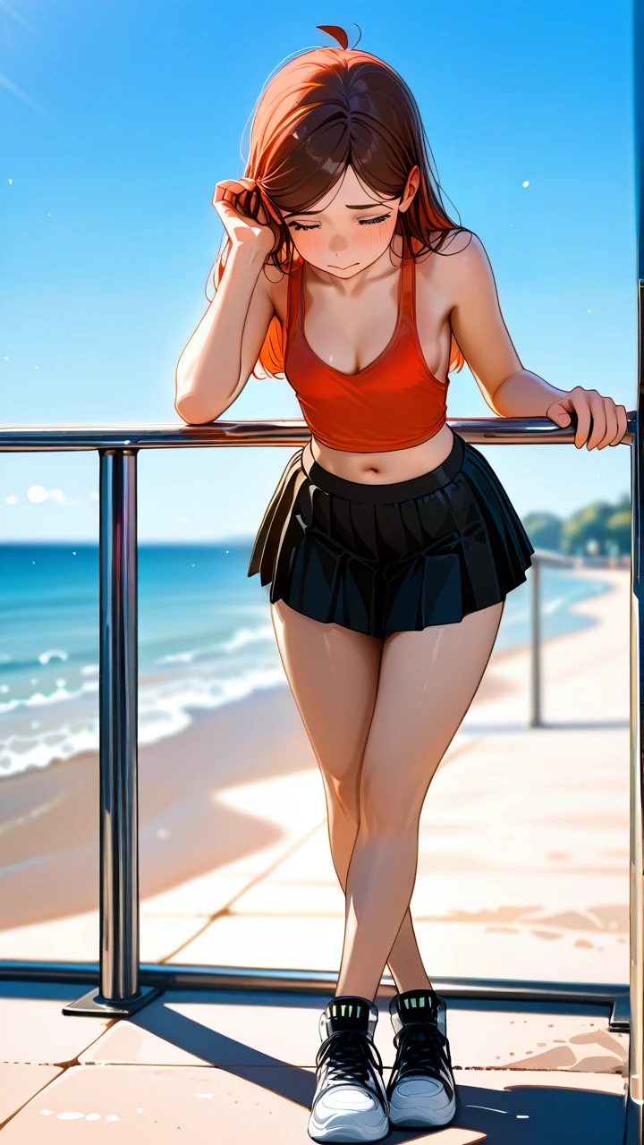 @mabel_pines , (shy) , flat (flat_chest) , (standing) , (crossed_legs) , tank top , pleated miniskirt , sneakers , (cleavage) , (sideboob) , navel , (looking_down) , (hair_tucking) , beach railing ,