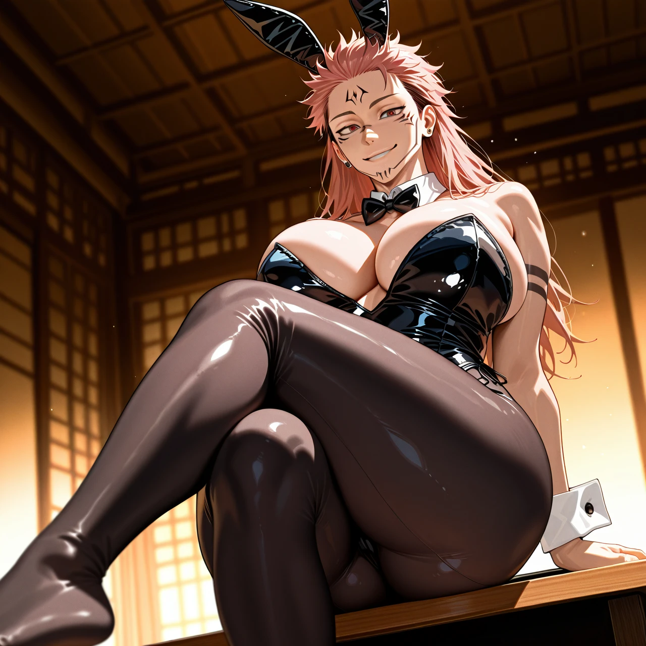 @ryoumen_sukuna , jujutsu_kaisen, solo, big ass, ass out,Bunny suit, bunny ears, table, sitting on table, (smile), thick thighs , (huge_breasts), long hair, unisex face, front view,feet, holding leash