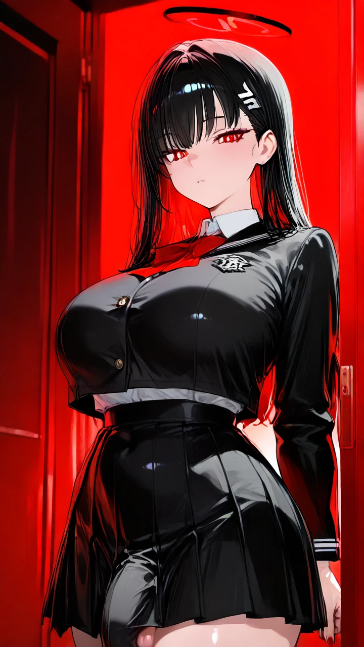 (futanari) (red_eyes) (black_hair) (long_hair) (huge_breasts) (school_uniform) (full-package_futanari)