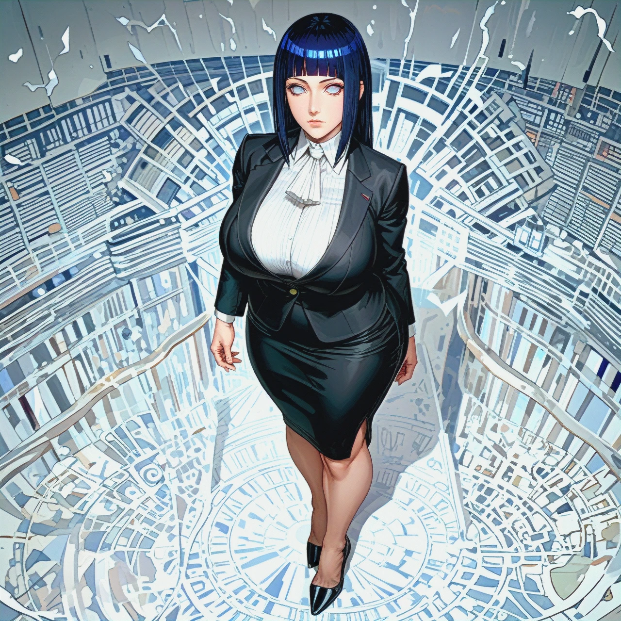 Hinata Hyuuga, expressionless, perfect body, big ass, huge breasts, Boruto: Naruto Next Generations, mature woman, shoulder-length hair,  alone, (full body),Black high heels , Hotel Lobby  , (standing) , Deep black pencil skirt , White silk shirt , Deep black business suit ,  Deep black suit jacket