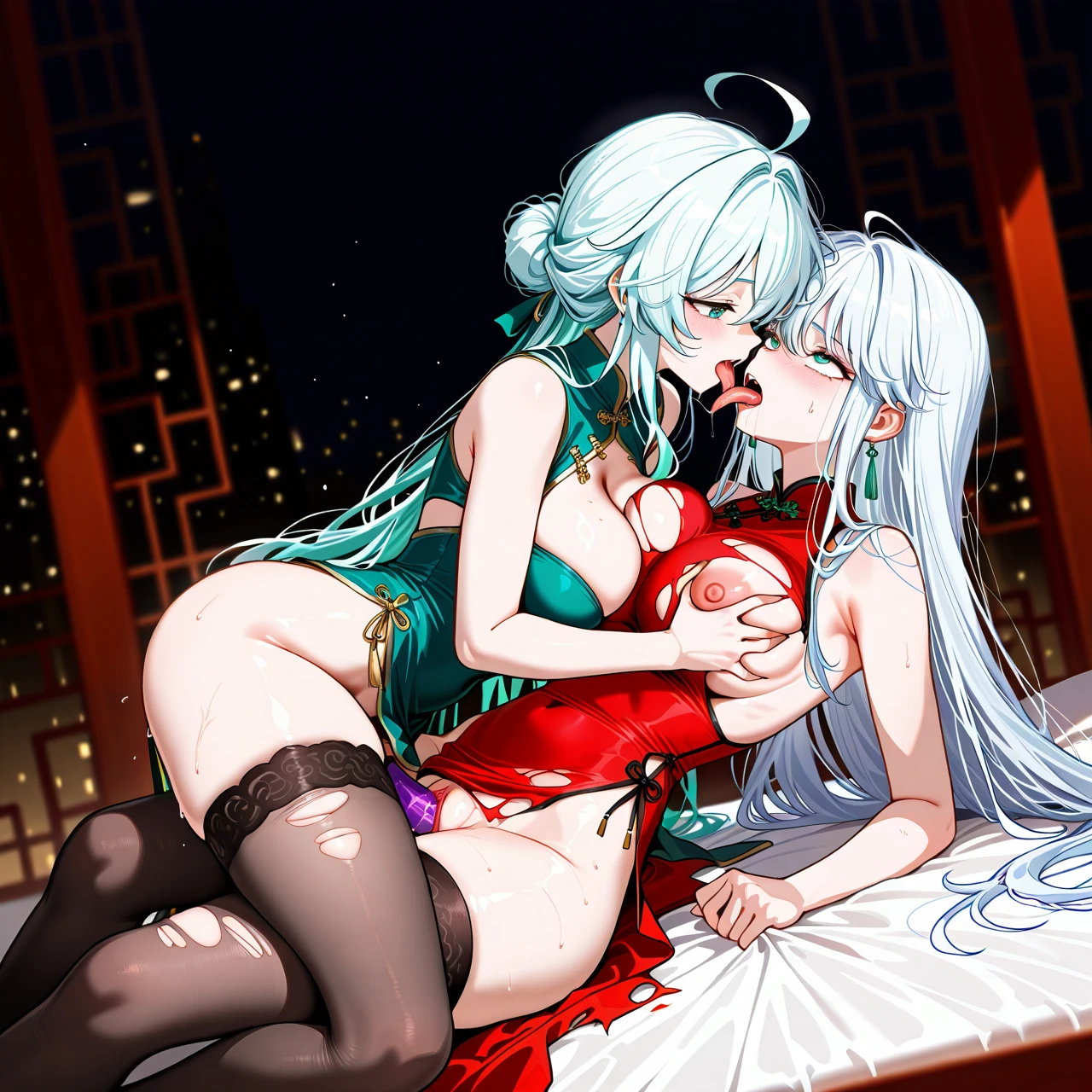 Tow girls , ahoge , slim waist , long legs , big hips , (large_breasts) , white Chinese dress , white hair , emerald  eyes , long hair , shock , Manhua , (vaginal_object_insertion) , jade dildo , hard penetration , (long_tongue) , (rolling_eyes) , cooperative , (breast_grab) , torn dress  , stockings , It lies on top , kiss , spittle ,