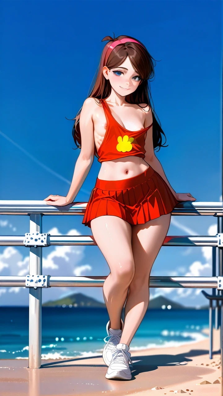 @mabel_pines ,  (light_smile) , (areola_slip) , (flat_chest) , (standing) , one knee up , tank top , pleated miniskirt , sneakers , (cleavage) , (sideboob) , navel , (looking_at_viewer) , showing full body , beach railing ,