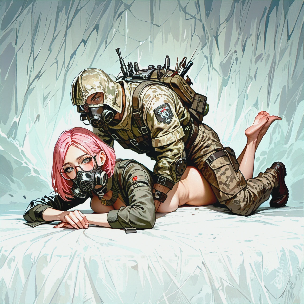 girl with cute face, straight long pink hair, red lipstick, round eyeglasses, big breasts, teen, skinny body, grey eye, Stalker, stalker clothes, full body, gasmask, Chernobyl Exclusion Zone, sex, prone position, man fuck her in pussy