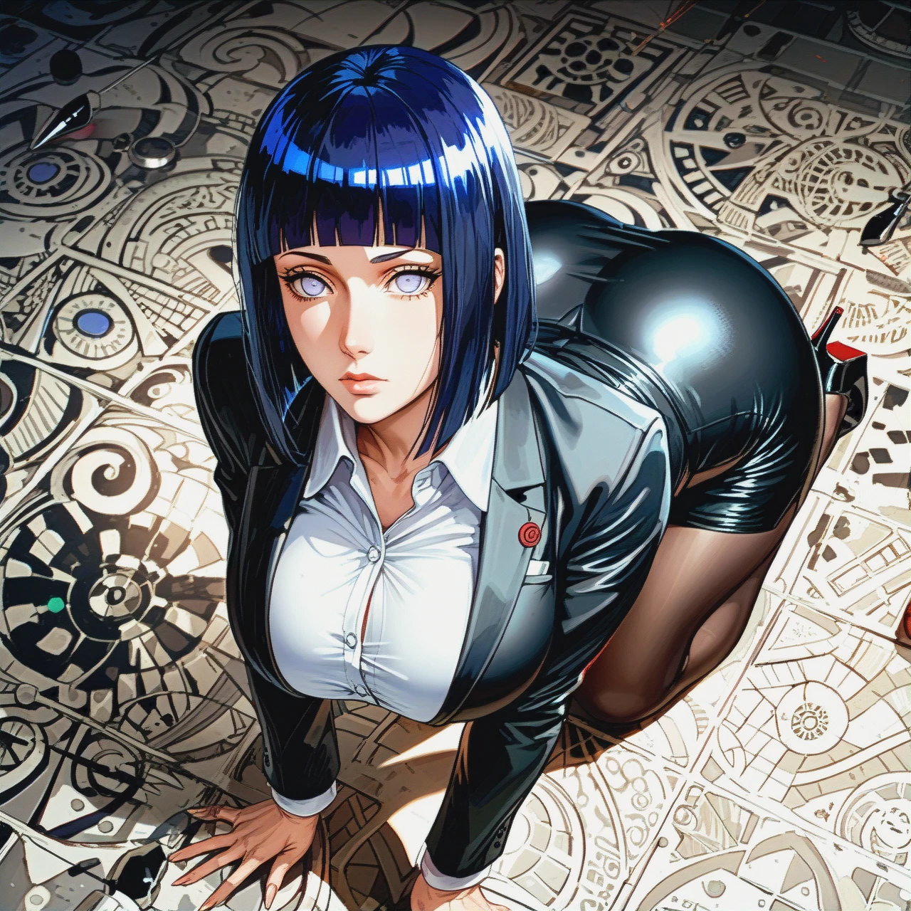 Hinata Hyuuga, expressionless, perfect body, big ass, huge breasts, Boruto: Naruto Next Generations, milf, shoulder-length hair,  alone,Black high heels , Hotel Lobby  , (standing) , Deep black pencil skirt , White silk shirt , Deep black business suit ,  Deep black suit jacket , (cowering) , (prostration) , (head_down) , (all_fours)