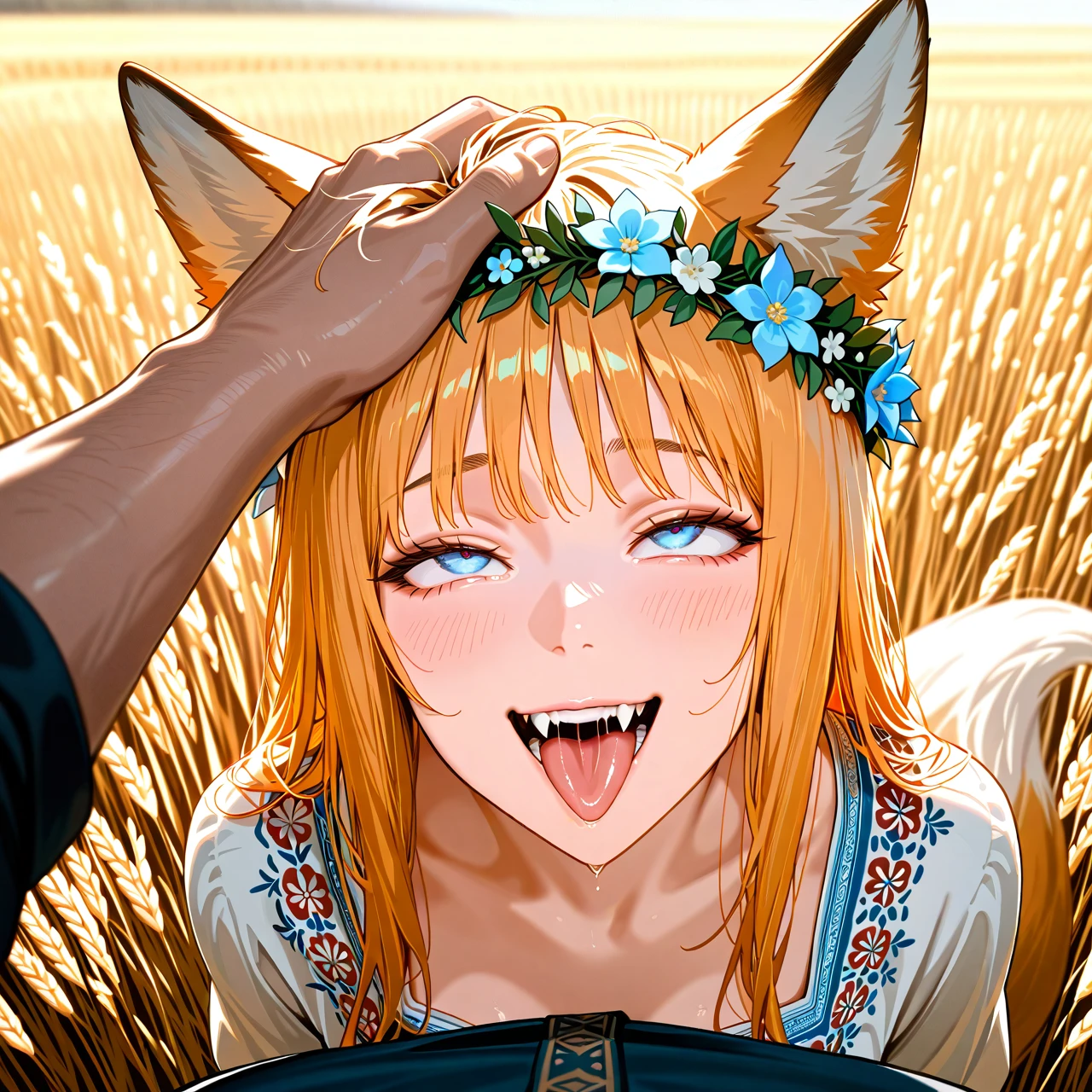 Fox girl, fox tail, smiling, slavic dress, tradition slavic clothes, wheat field, blue eyes, looking on viewer, 8k, hires, best quality, fangs, wreath of flowers, (close-up), head pat, male hand, (ahegao), pov,