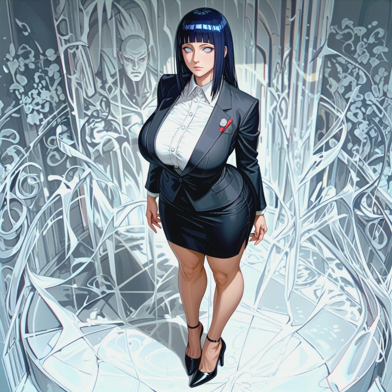 Hinata Hyuuga, expressionless, perfect body, big ass, huge breasts, Boruto: Naruto Next Generations, mature woman, shoulder-length hair,  alone, (full body),Black high heels , Hotel Lobby  , (standing) , Deep black pencil skirt , White silk shirt , Deep black business suit ,  Deep black suit jacket