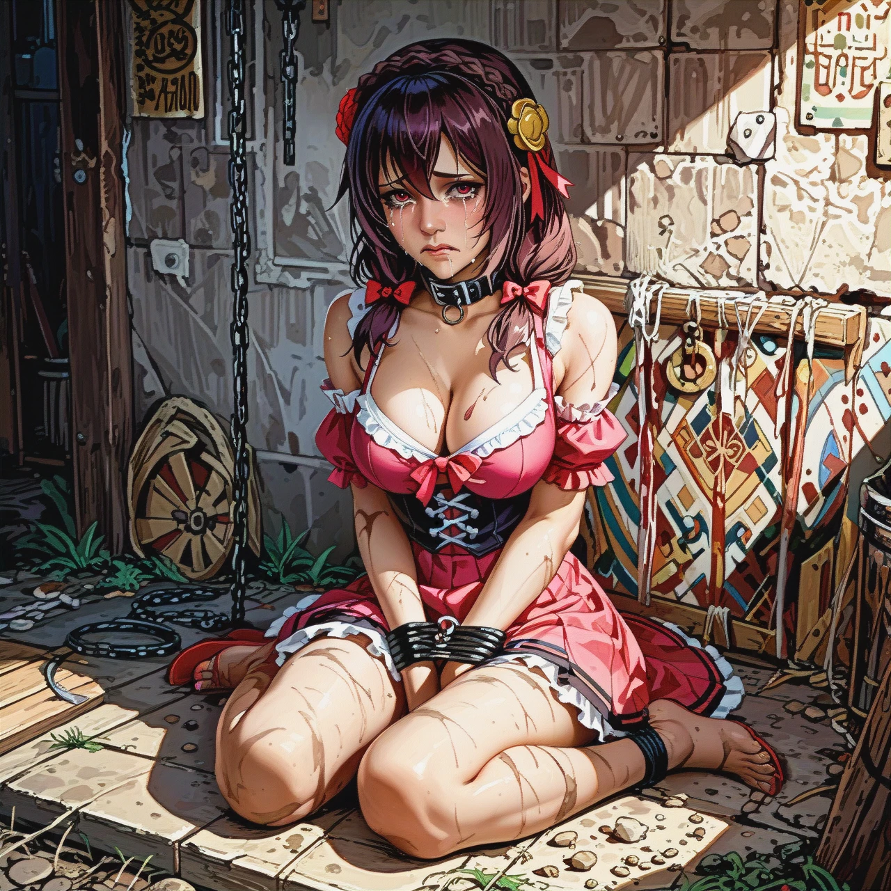 @yunyun, sitting on the ground, tied up, slave collar, dirty face, mascara running, crying, sad, skirt hiked up, panties visible, cleavage, slave market, full-length image.