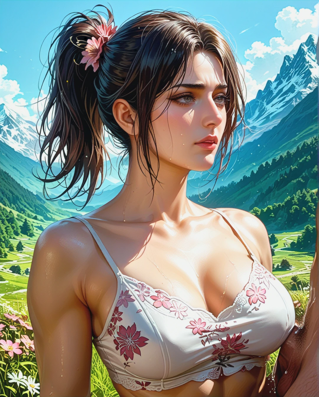 Jang Sun young, mature, attack on Titan, sex sex Breast, mountains,,High Real Realistic Realistic, ponytail ponytail, medium breast,crop top white camisole pink floral,