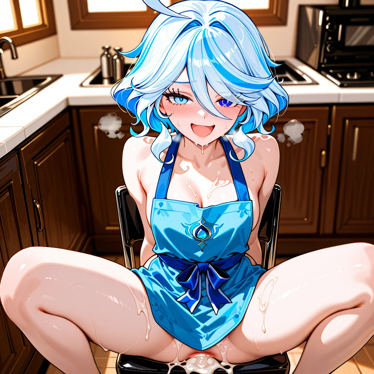 @furina , wearing a revealing cute light blue apron, in kitchen,sitting on a chair, , blushing extensively, open mouth, (tired), (heavy_breathing), (smug), (looking_at_viewer),, cute pose, perfect proportions, perfect scaling,,  blushing, first person perspective , spreaded legs , spreaded legs, leaned back on the chair, talking open mouth, excessive cum dripping from her anal hole