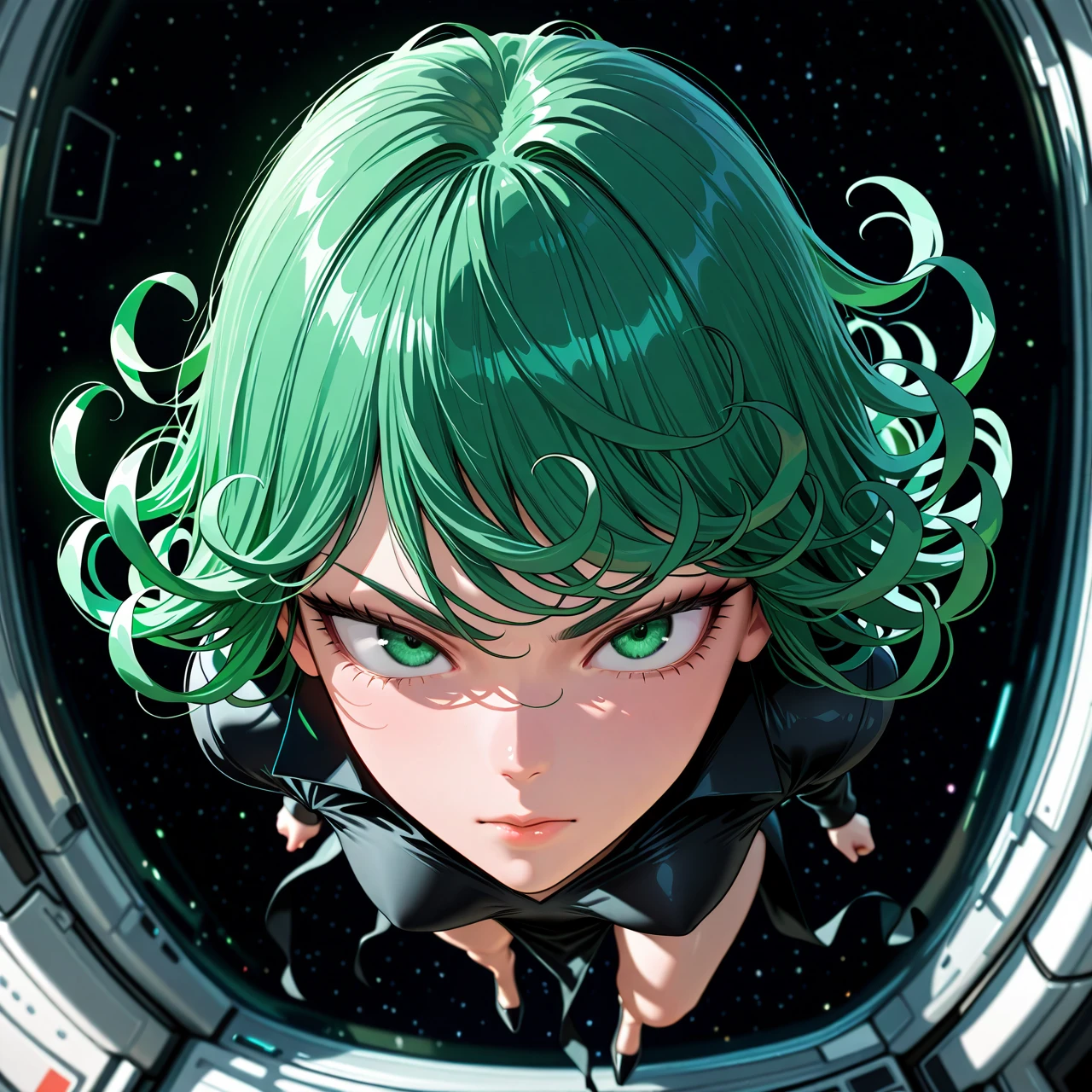 @tatsumaki, 1 girl, in space, hyper-realistic CG, realistic faces, realistic eyes, very detailed, high resolution, extreme detail,  floating, detailed face, full body foto, (serious)