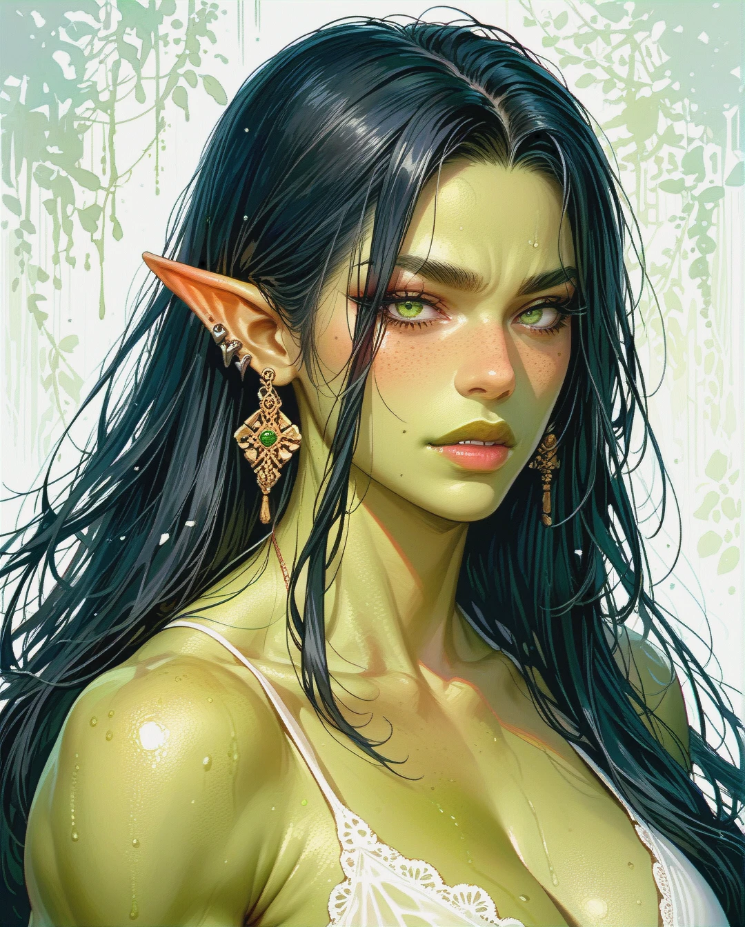 (futanari) orc, green skin, long black hair,