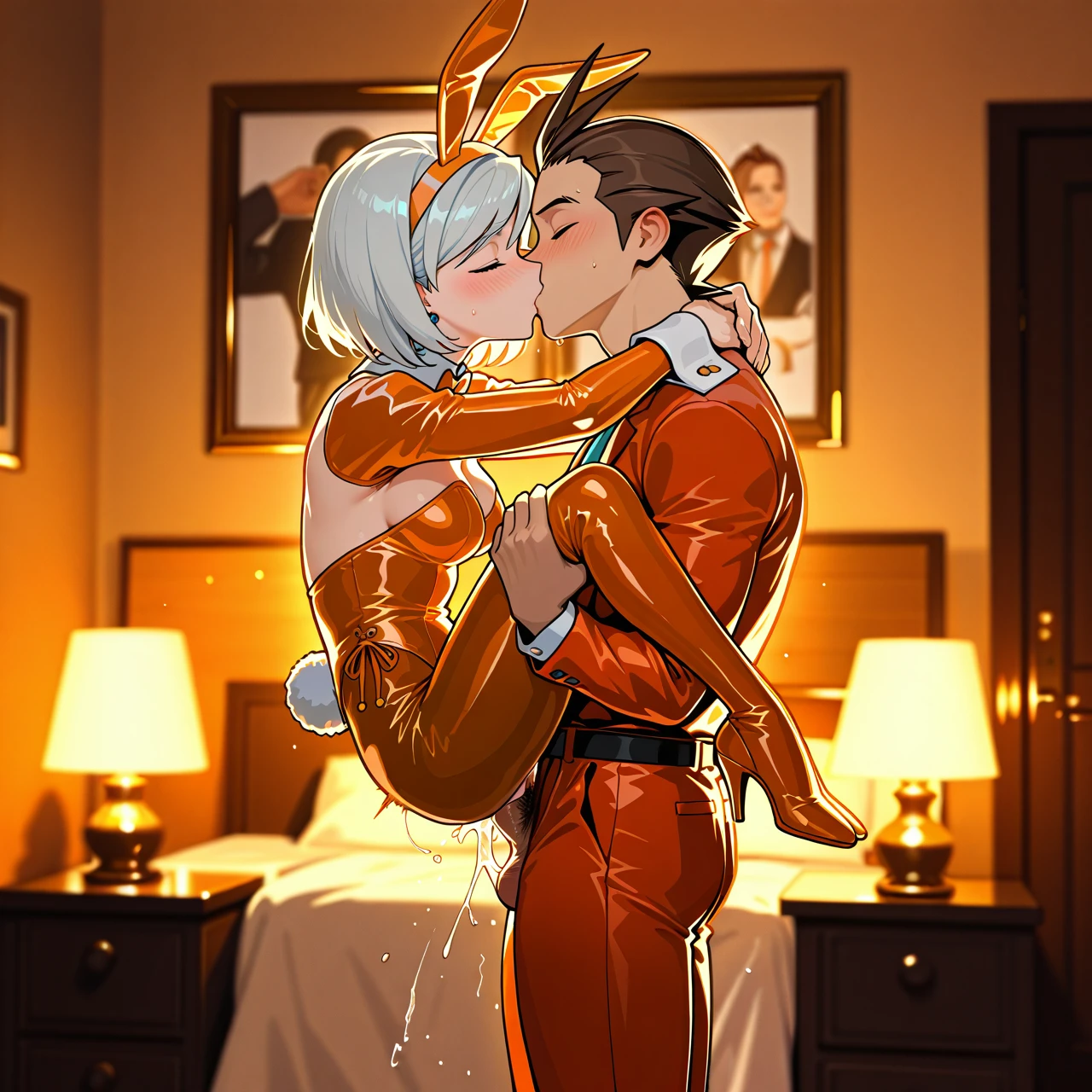 Apollo Justice(in orange clothed) Franziska Fon Karma(bunny suit), 1boy, 1girl, male on girl , The picture shows two guys, you can see both bodies, two faces, , (sex) (vaginal)  (legs_up) bedroom,   sex, holding his leg, ,  side view, face, (embarrassed) (happy) , (princess_carry) in clothed, big more pubic hair, The guy holds her in his arms, and the girl wraps her arms around his neck, wide view, full picture, boy stand, (kissing_neck) She wrapped her legs around his back