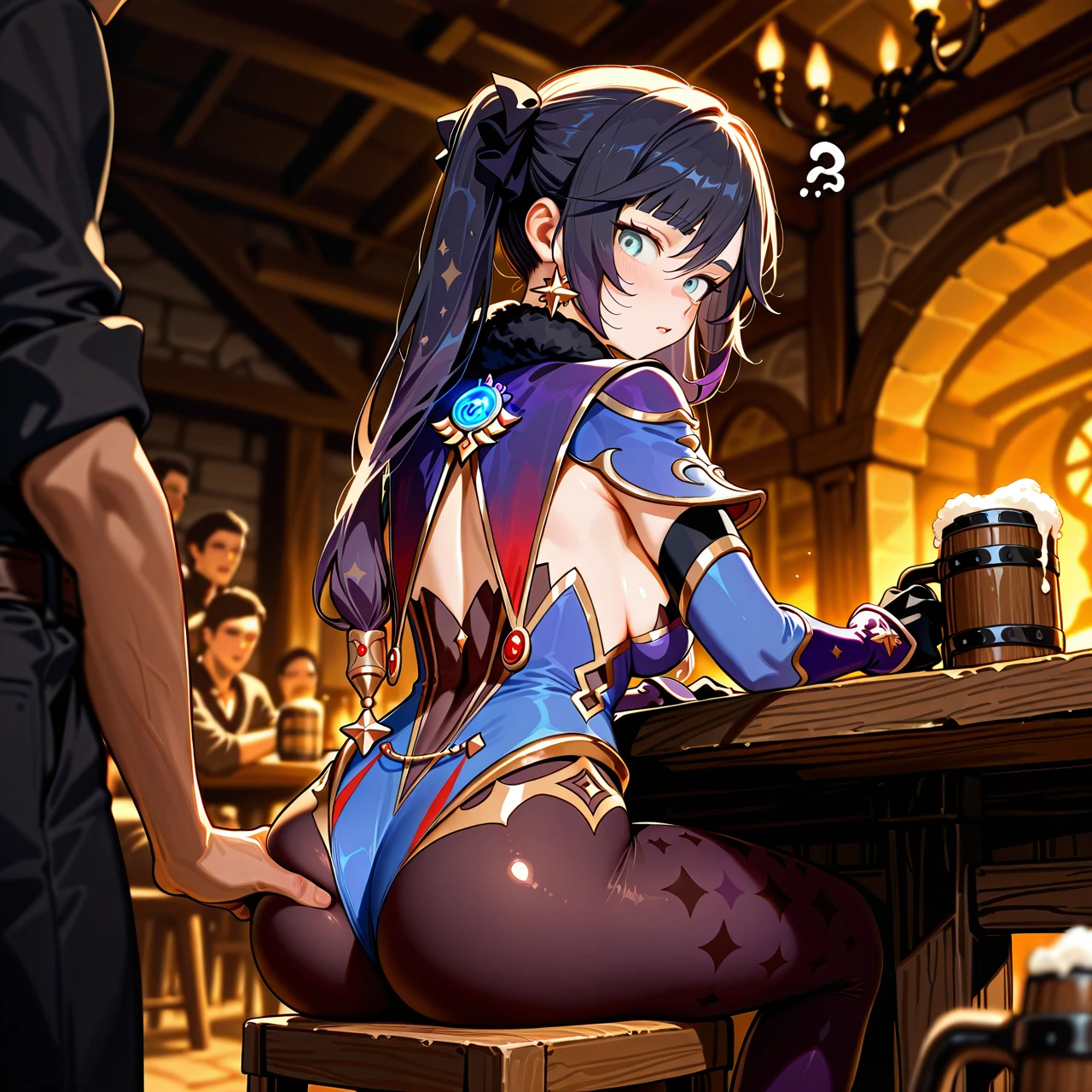 @mona, beer mugs, in a tavern, sitting down on a chair, surprised face, boob grab, men surround her, men around her, people surround her, men around her, men in the background, fully dressed, confused, looking back, surrounded