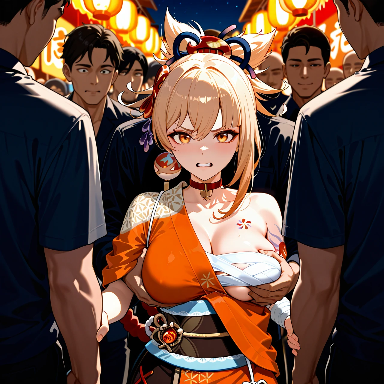 Yoimiya from Genshin Impact, in a festival in inazuma from Genshin Impact, surrounded by men, gangbang, crowd watching, night, fully dressed, (arm_grab), boob grab, petting head, multiple men surround her (angry), (scared), boob grab by a men from behind, boob grab, touching her inapropriately, multiple men surround her