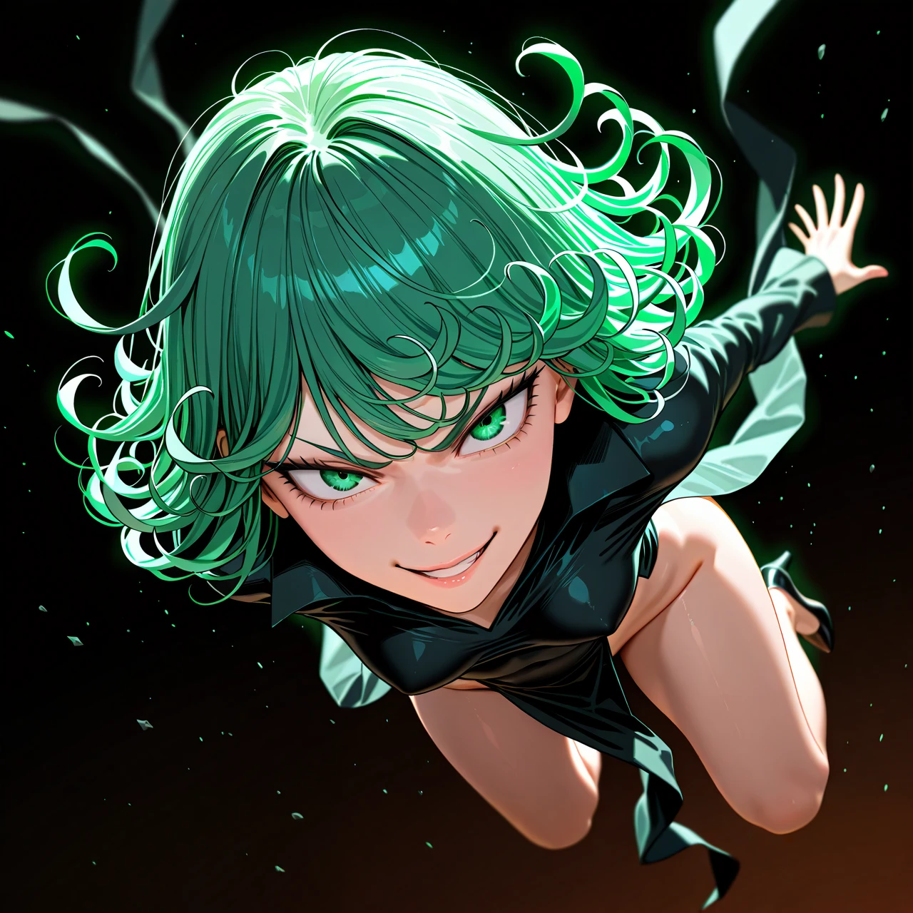 @tatsumaki, 1 girl, , , hyper-realistic, realistic faces, realistic eyes, very detailed, high resolution, extreme detail, , detailed face, full body foto, (evil_smile), (v-shaped_eyebrows) (from_below) (jumping) (angry) no panties