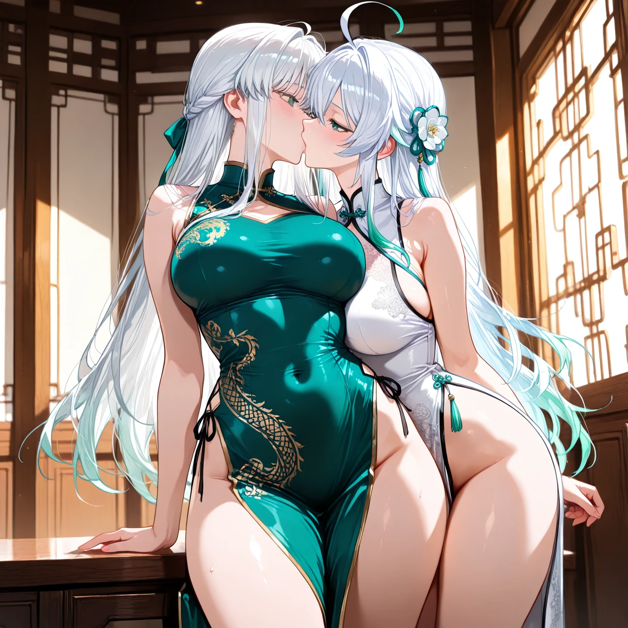 Tow girls , ahoge , slim waist , long legs , big hips , (large_breasts) , white Chinese dress , white hair , emerald  eyes , long hair , ecstasy , kiss , Manhua ,