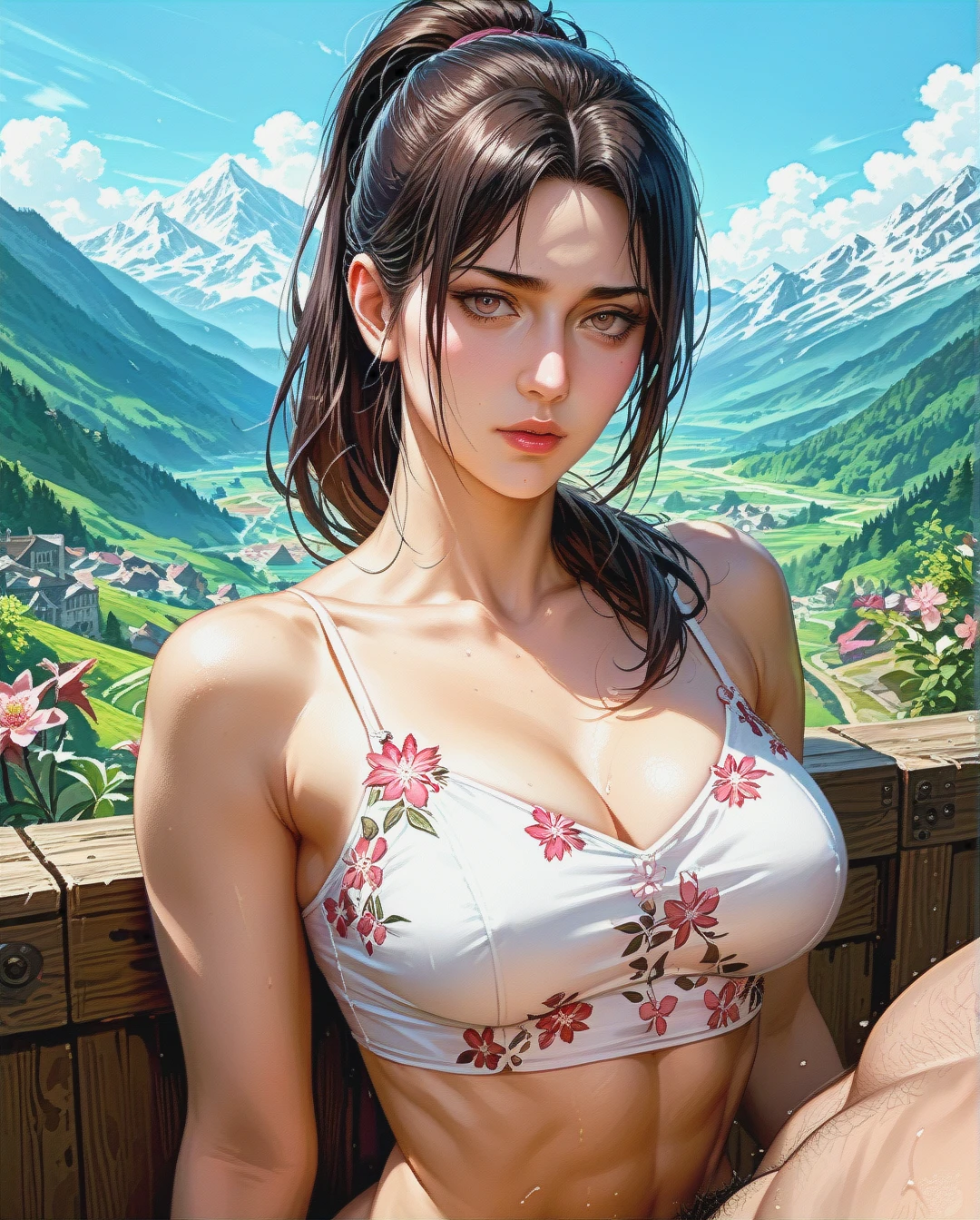 Jang Sun young, mature, attack on Titan, sex sex Breast, mountains,,High Real Realistic Realistic, ponytail ponytail, medium breast,crop top white camisole pink floral,oldman group