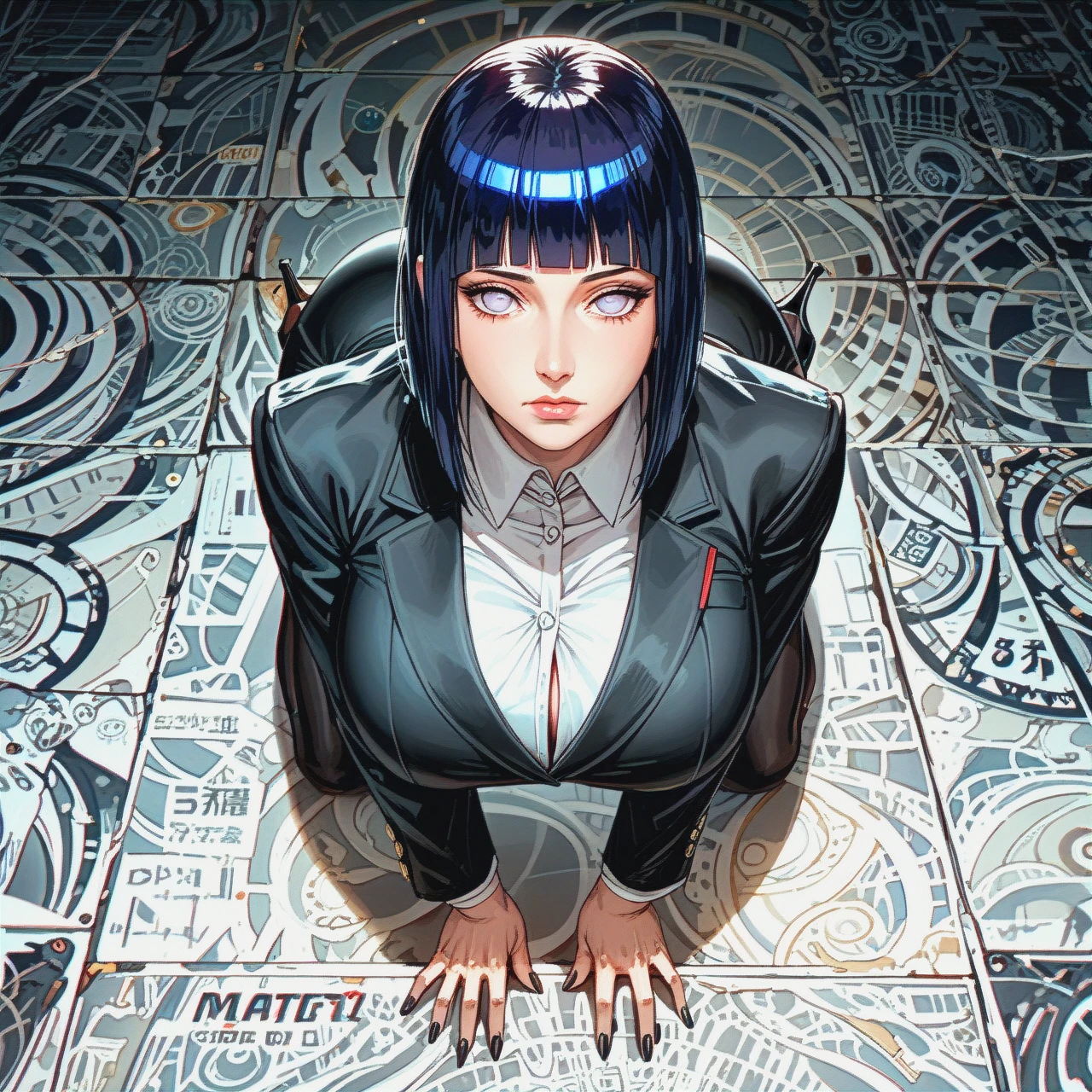 Hinata Hyuuga, expressionless, perfect body, big ass, huge breasts, Boruto: Naruto Next Generations, milf, shoulder-length hair,  alone,Black high heels , Hotel Lobby  , (standing) , Deep black pencil skirt , White silk shirt , Deep black business suit ,  Deep black suit jacket , (cowering) , (prostration) , (head_down) , (all_fours)