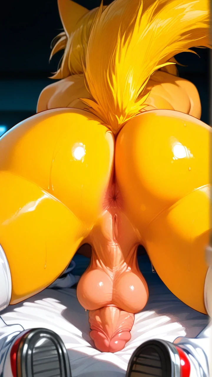 (futanari) @tails, legs spread, nude, cock and balls, thick, fat ass