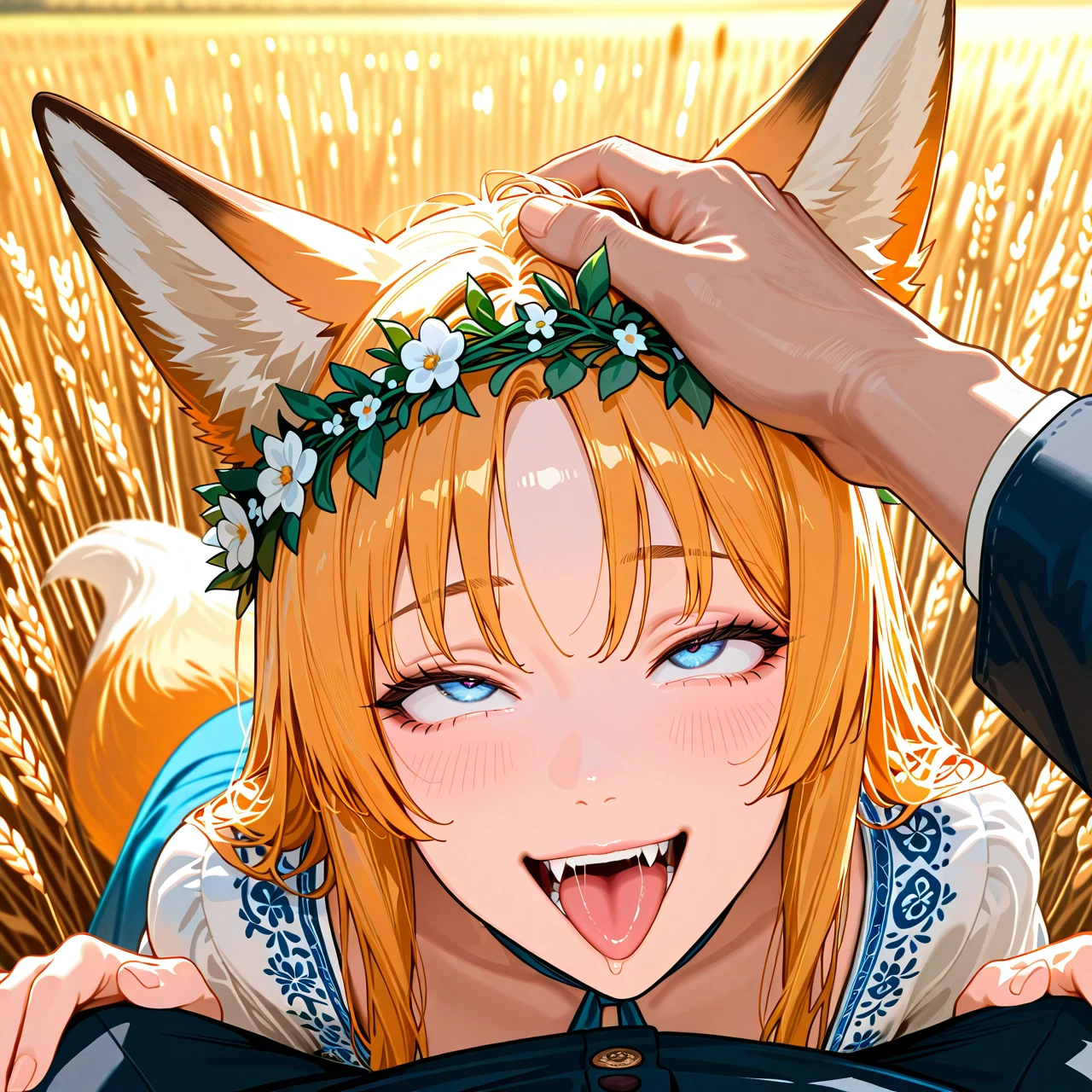 Fox girl, fox tail, smiling, slavic dress, tradition slavic clothes, wheat field, blue eyes, looking on viewer, 8k, hires, best quality, fangs, wreath of flowers, (close-up), head pat, male hand, (ahegao), pov,