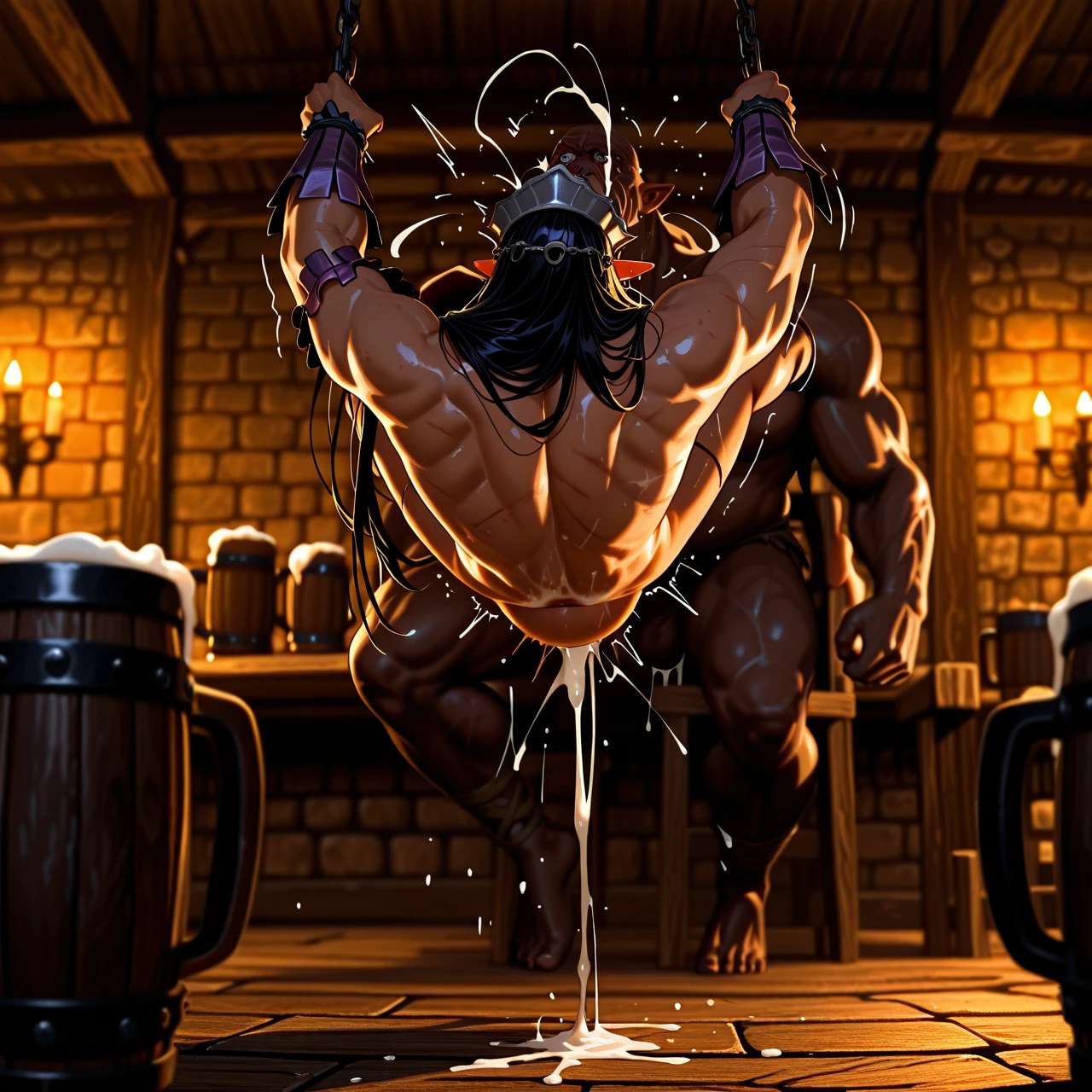 Olga discordia, dark skin, beer mugs, in a tavern,  (crying) (angry) (spitroast) deep thrusting , (cumdrip) surprised face, (bruised_eye) bruised (stomach_bulge) blushing, surrounded by muscular orc with their dicks out, wide shot, (panicking), looking to the side, surprised face, full body, wide shot, (irrumatio), (suspension),