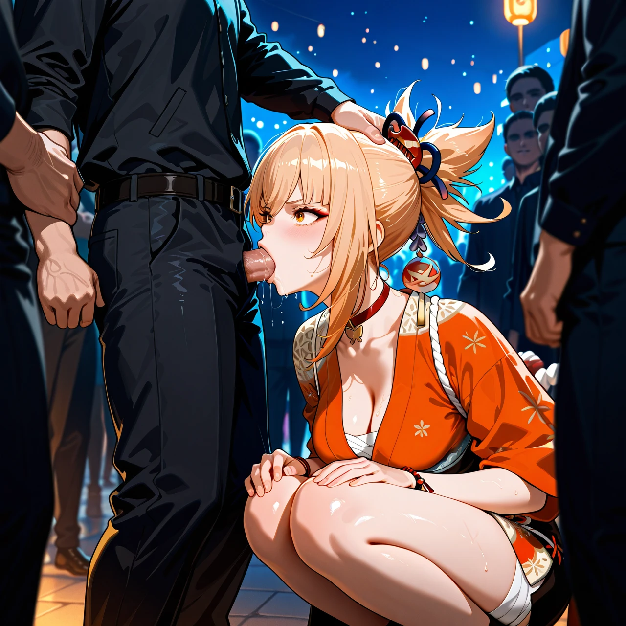 Yoimiya from Genshin Impact, in a festival in inazuma from Genshin Impact, surrounded by men, gangbang, on her knees, before fellatio, multiple sicks (arm_grab) her, dick party, crowd watching, night, fully dressed, grab, petting head, multiple men surround her (angry), (scared), touching her inapropriately, multiple men surround her