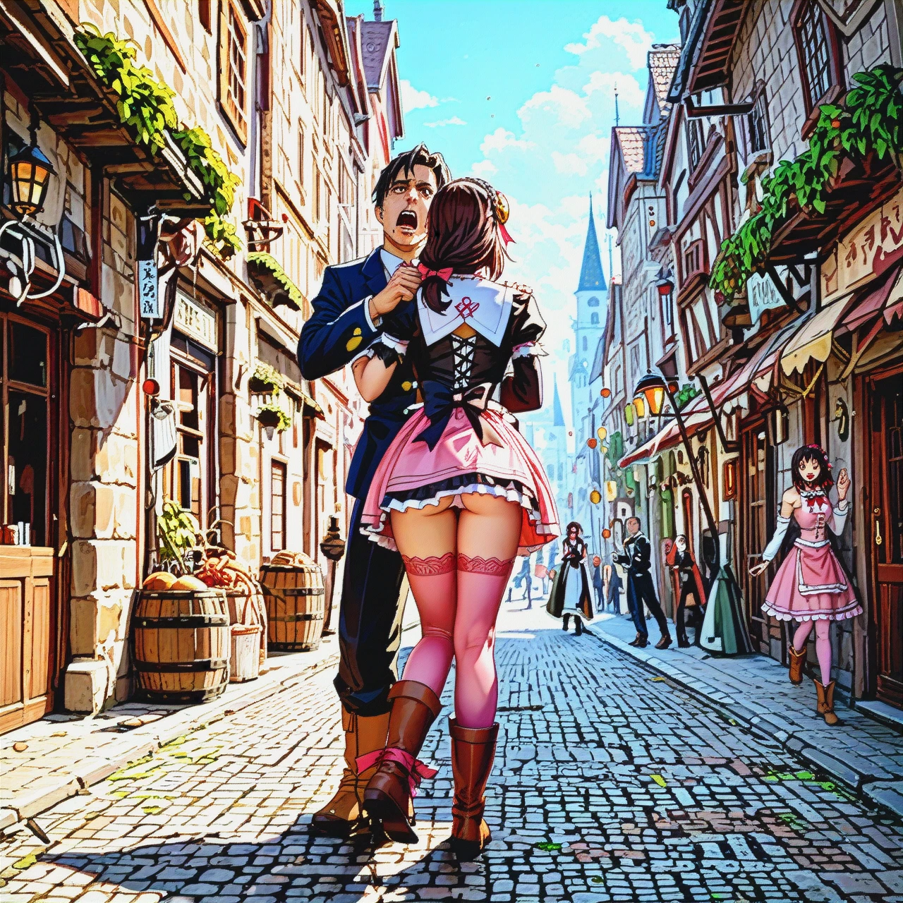 1 man + 1 girl, man, young, tall, walking through a medieval city, carrying @yunyun over his shoulder grab ass. @yunyun, tied up, waving her legs, screaming, crying, struggling, skirt hiked up, panties visible, pink stockings, high brown boots, full-length image.