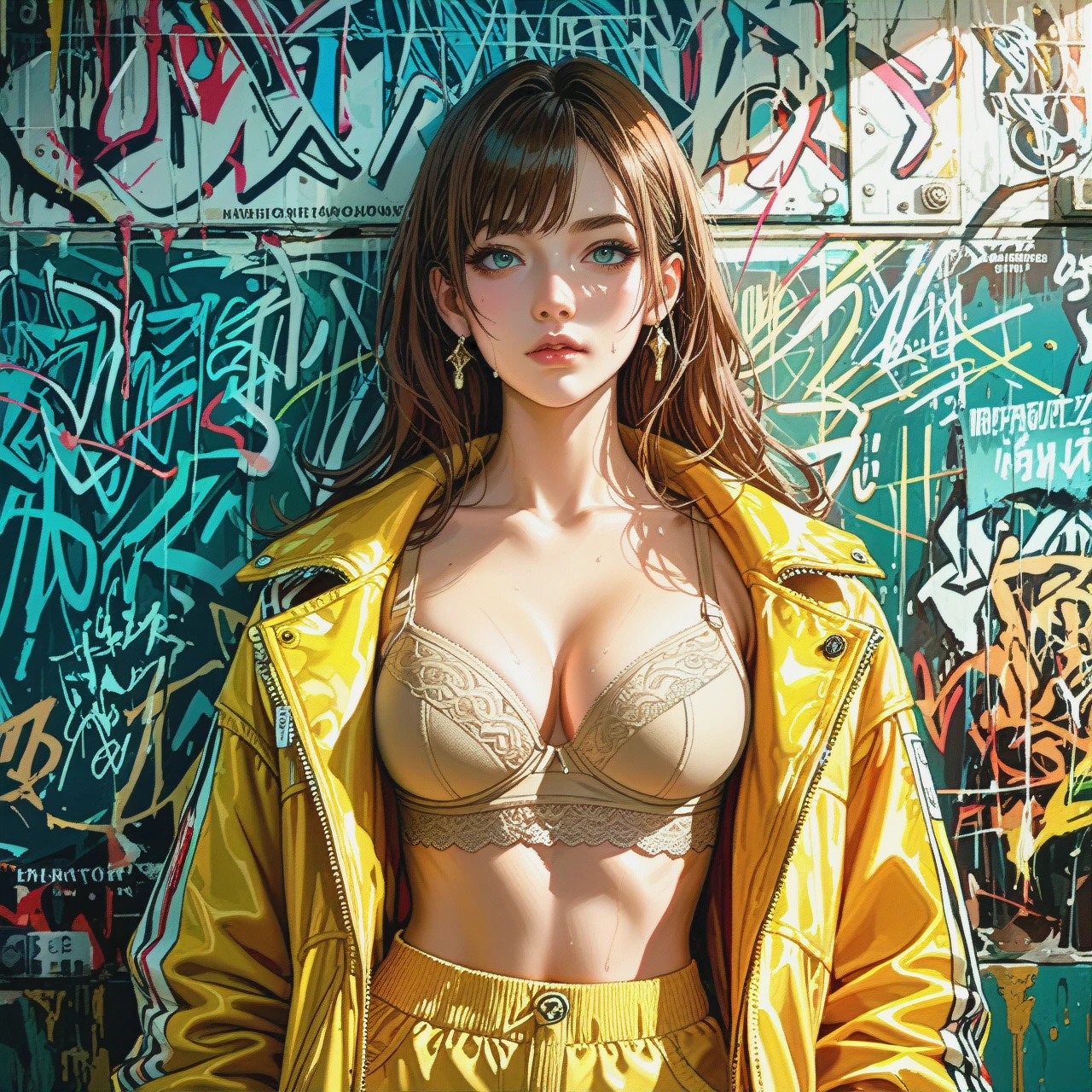 A woman with long brown hair, wearing a bright neon yellow zip-up jacket over a beige bra and bright turquoise sweatpants,  posing in a modern, , with attention to detail on the textures and lighting, capturing the specific fashion style and body proportions.