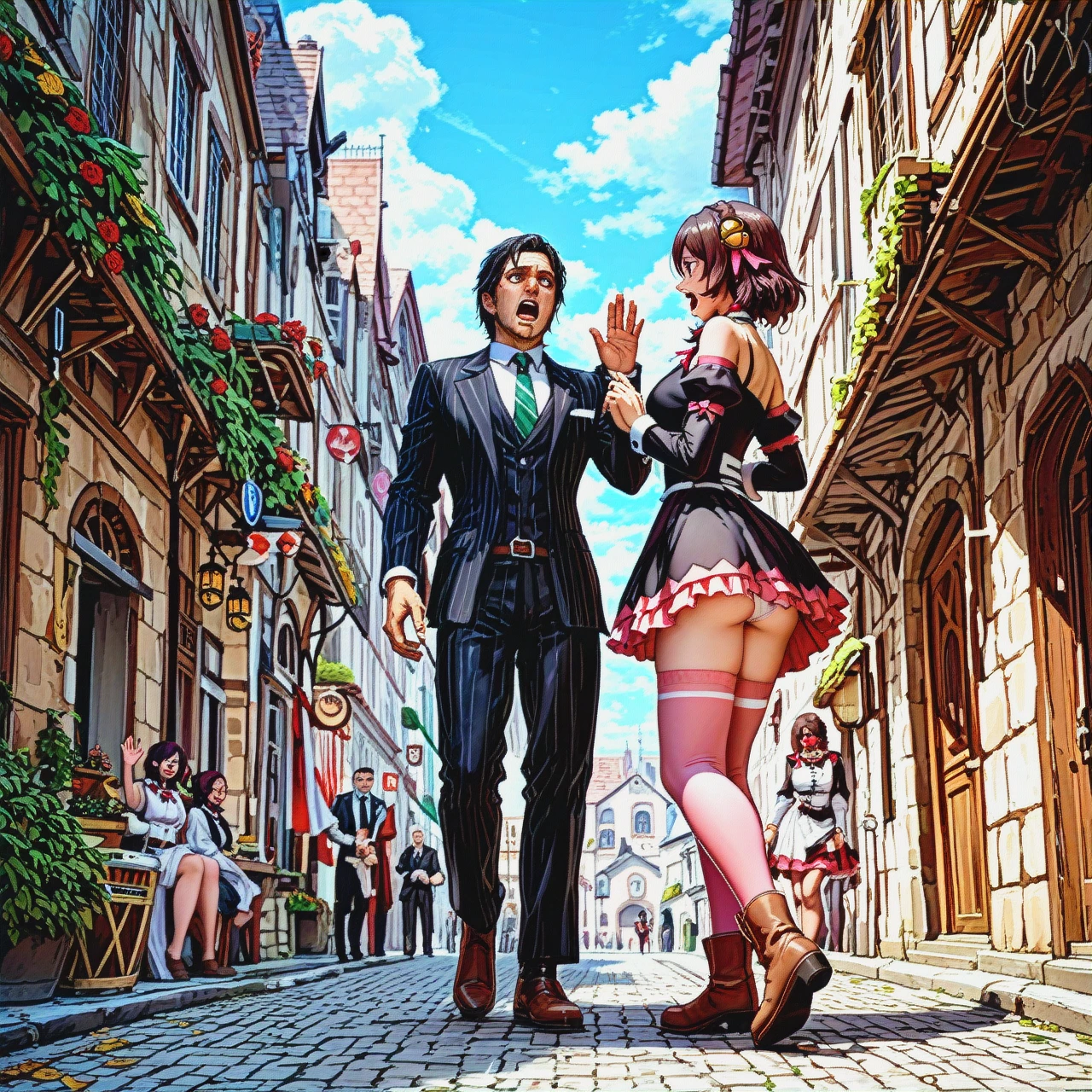 1 man + 1 girl, man, young, tall, walking through a medieval city, carrying @yunyun over his shoulder grab ass. @yunyun, tied up, waving her legs, screaming, crying, struggling, skirt hiked up, panties visible, pink stockings, high brown boots, full-length image.