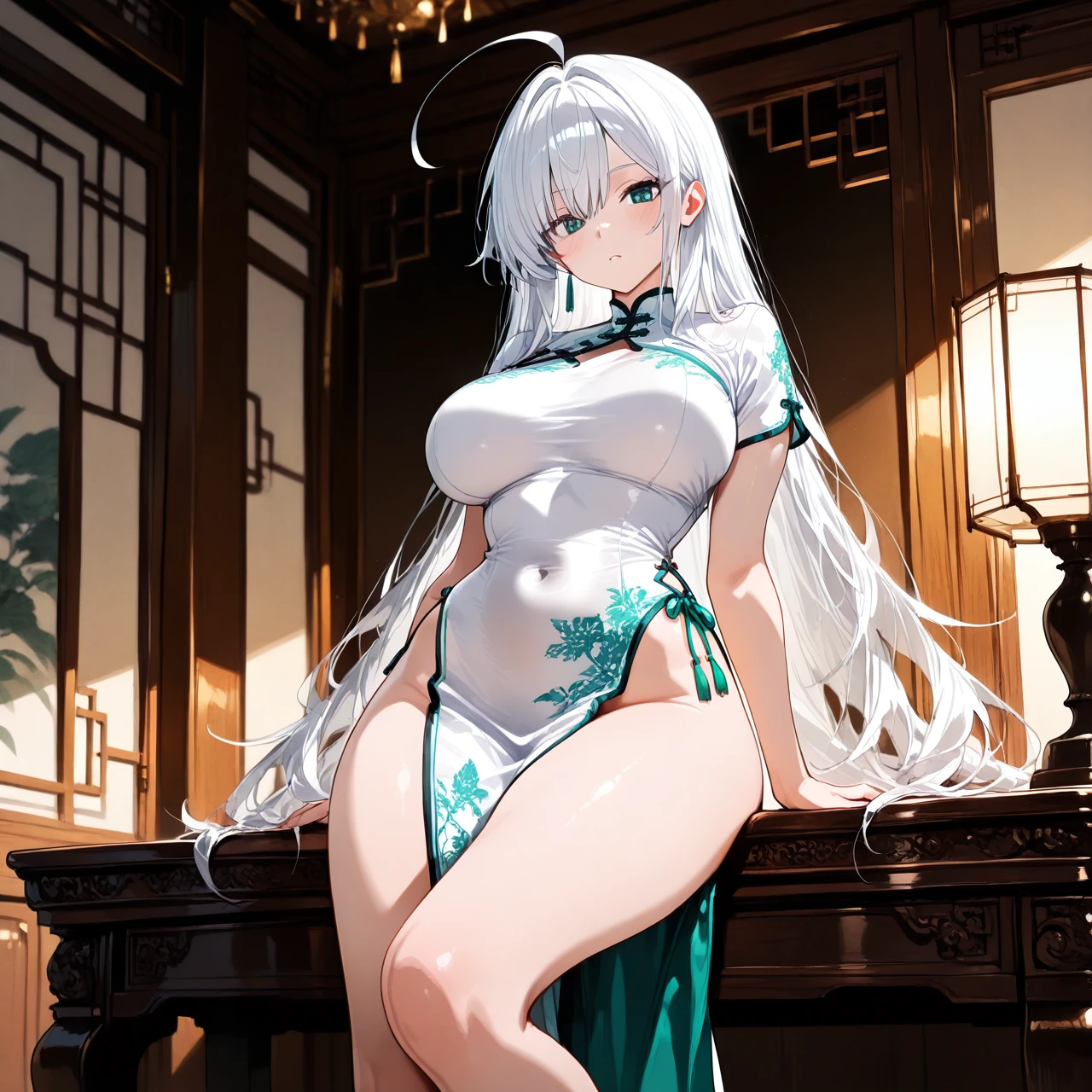 ahoge , slim waist , long legs , big hips , (large_breasts) , white Chinese dress , white hair , emerald  eyes , long hair ,