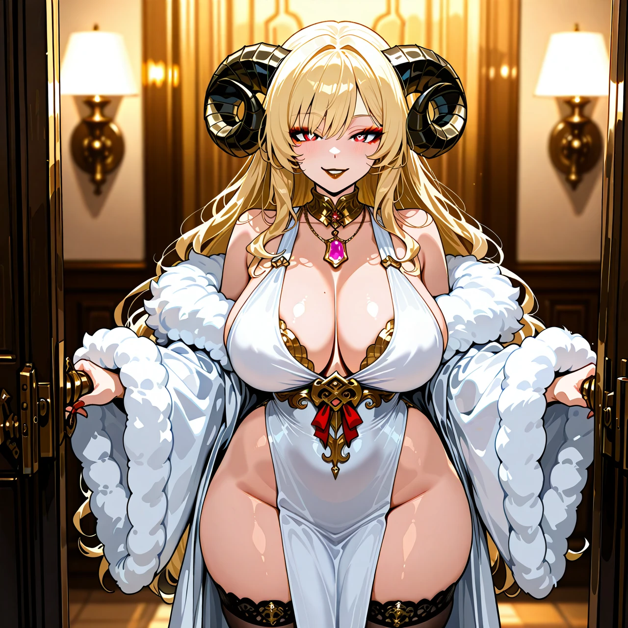 Body=curvy and voluptuous body with an exaggerated hourglass figure. She has large breasts, wide hips, and thick thighs. Her human arms and legs are also well-defined but maintain a soft, plush look.  Head=face features golden, cat-like eyes with sharp pupils, giving her a somewhat playful and mischievous expression. Blonde, fluffy annd wavy long hair. Two large, black ram-like horns curving outward at the top of her head (that make for excellent handlebars) each adorned with a red ribbon. Makeup: golden lipstick + golden eyeshadow.  Clothing=tight-fitting, sleeveless white robes that highlights her curves. The outfit includes a decorative rim around the very low neckline with a pink pendant hanging from it. Thigh-high stockings that start with fluffy sheep's wool.