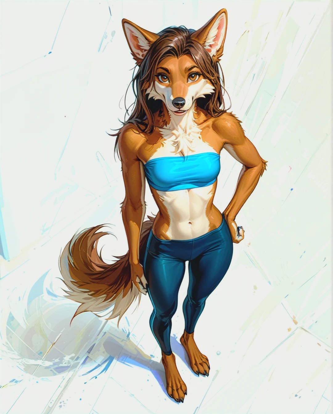 (Full head of hair), (Straight hair), (anthro canine Anorexic), [digital painting style:50], (standing), (petite teen canine anthro),from above, (long brown straight hair),  (blue tube top), (yoga pants), (skinny), (skinny Anorexic), (sexy puppy body), (from above),(brown fully straight hair), (anthro canine puppy), (anthro canine Anorexic) (brown fur), petite body, (nude), (from above), full body, (brown anthro fur), (anthro canine Anorexic puppy), (white backdrop), [digital painting style:50], long tail