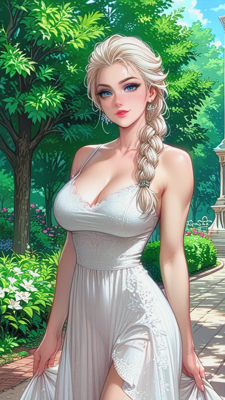 Elsa, braid, busty, white sundress, legs, in park, beautiful eyes