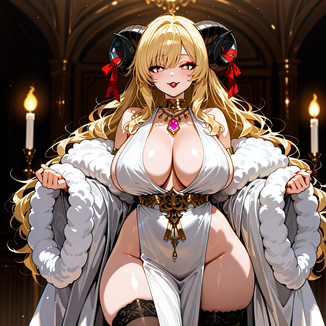 Body=curvy and voluptuous body with an exaggerated hourglass figure. She has large breasts, wide hips, and thick thighs. Her human arms and legs are also well-defined but maintain a soft, plush look.  Head=face features golden, cat-like eyes with sharp pupils, giving her a somewhat playful and mischievous expression. Blonde, fluffy annd wavy long hair. Two large, black ram-like horns curving outward at the top of her head (that make for excellent handlebars) each adorned with a red ribbon. Makeup: golden lipstick + golden eyeshadow.  Clothing=tight-fitting, sleeveless white robes that highlights her curves. The outfit includes a decorative rim around the very low neckline with a pink pendant hanging from it. Thigh-high stockings that start with fluffy sheep's wool.