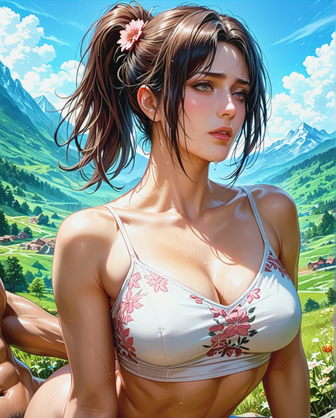 Jang Sun young, mature, attack on Titan, sex sex Breast, mountains,,High Real Realistic Realistic, ponytail ponytail, medium breast,crop top white camisole pink floral,