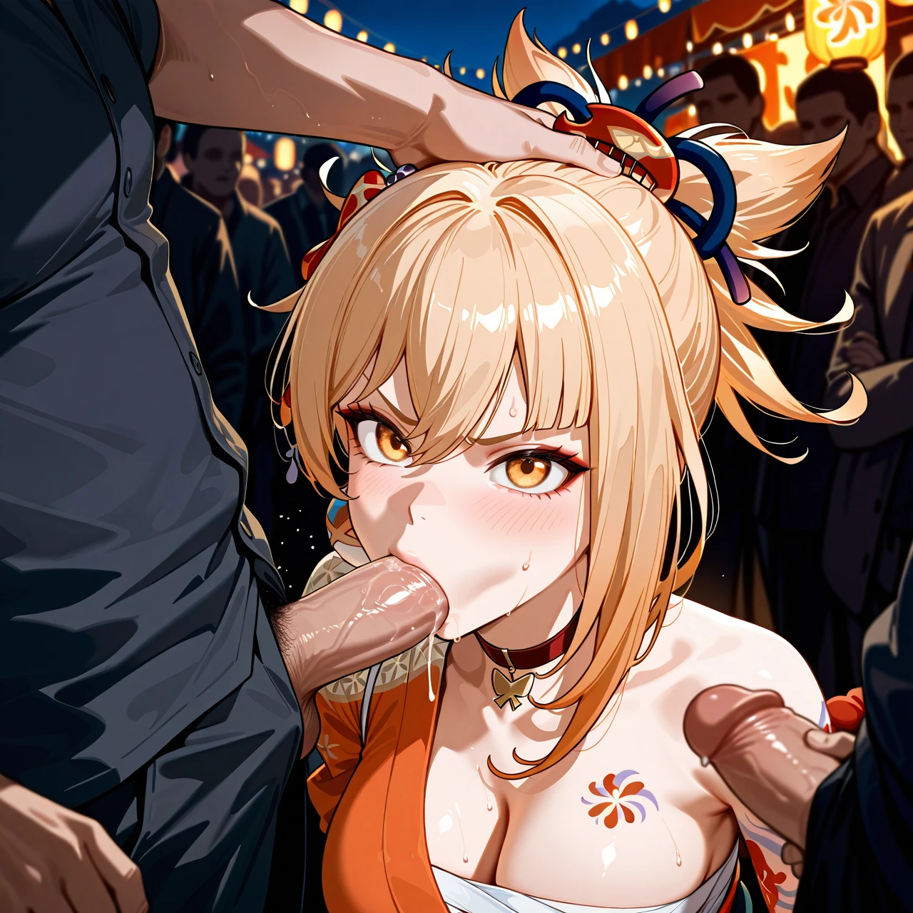 Yoimiya from Genshin Impact, in a festival in inazuma from Genshin Impact, surrounded by men, gangbang, before fellatio, multiple sicks (arm_grab) her, dick party, crowd watching, night, fully dressed, grab, petting head, multiple men surround her (angry), (scared), touching her inapropriately, multiple men surround her, gangbang,