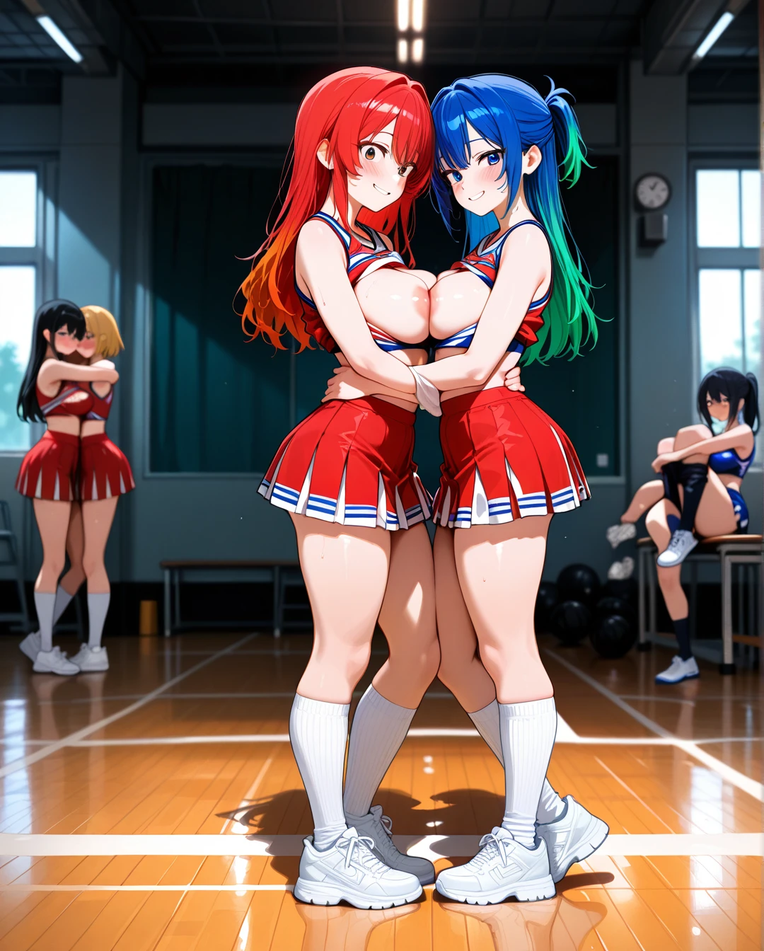 cheerleader, school gym , long hair, dyed hair,  (full_body) foot, (undressing) long socks, many girls, (caught)  (medium_breasts) (teamwork) (bisexual_female)  , sneakers, ,  (smile) (selfiemirror) (standing) hug, (areolae)