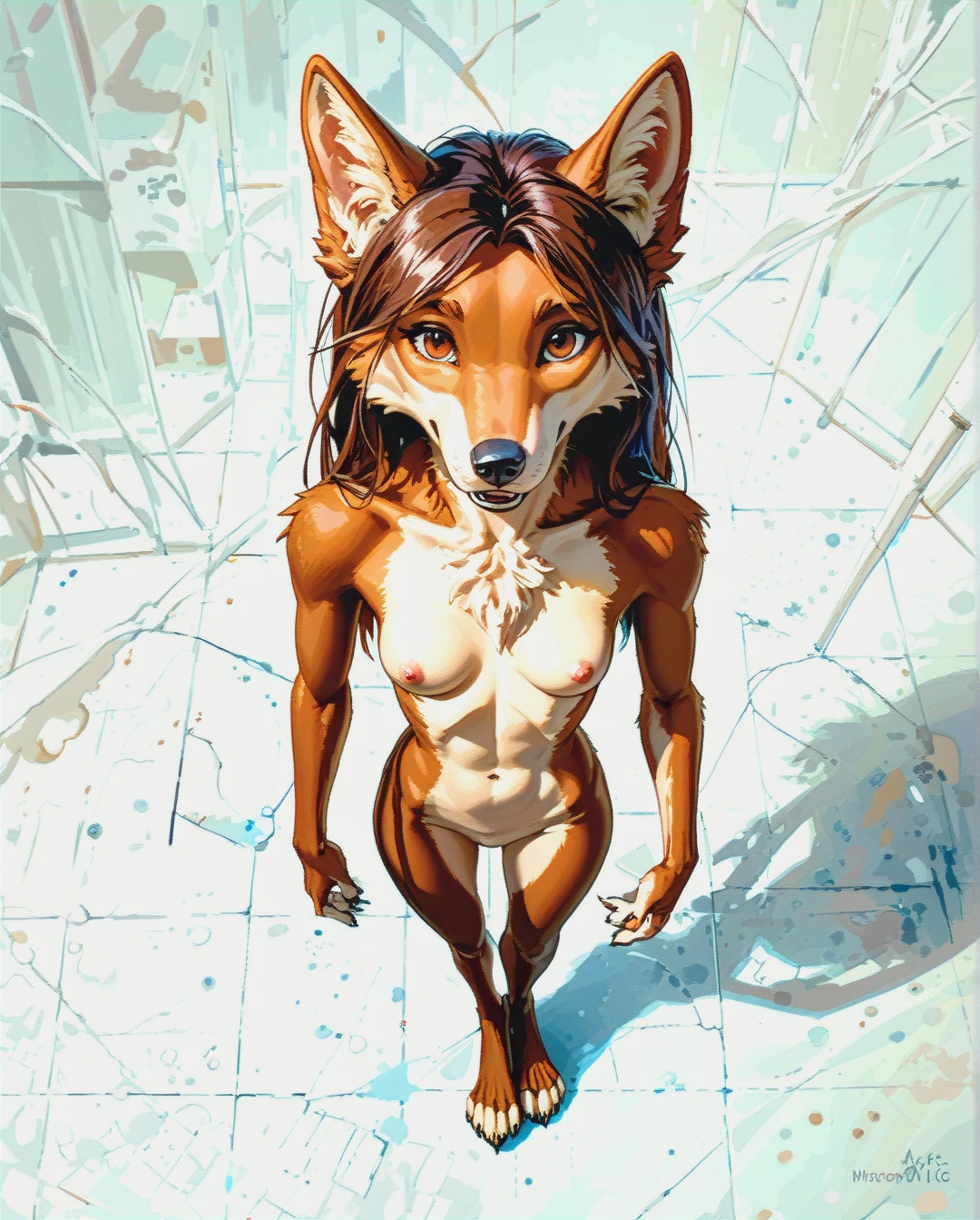 (Full head of hair), (Straight hair), (anthro canine Anorexic), [digital painting style:50], (standing), (petite teen canine anthro),from above, (long brown straight hair),  (nude), (skinny), (skinny Anorexic), (sexy puppy body), (from above),(brown fully straight hair), (anthro canine puppy), (anthro canine Anorexic) (brown fur), petite body, (nude), (from above), full body, (brown anthro fur), (anthro canine Anorexic puppy), (white backdrop), [digital painting style:50], long tail