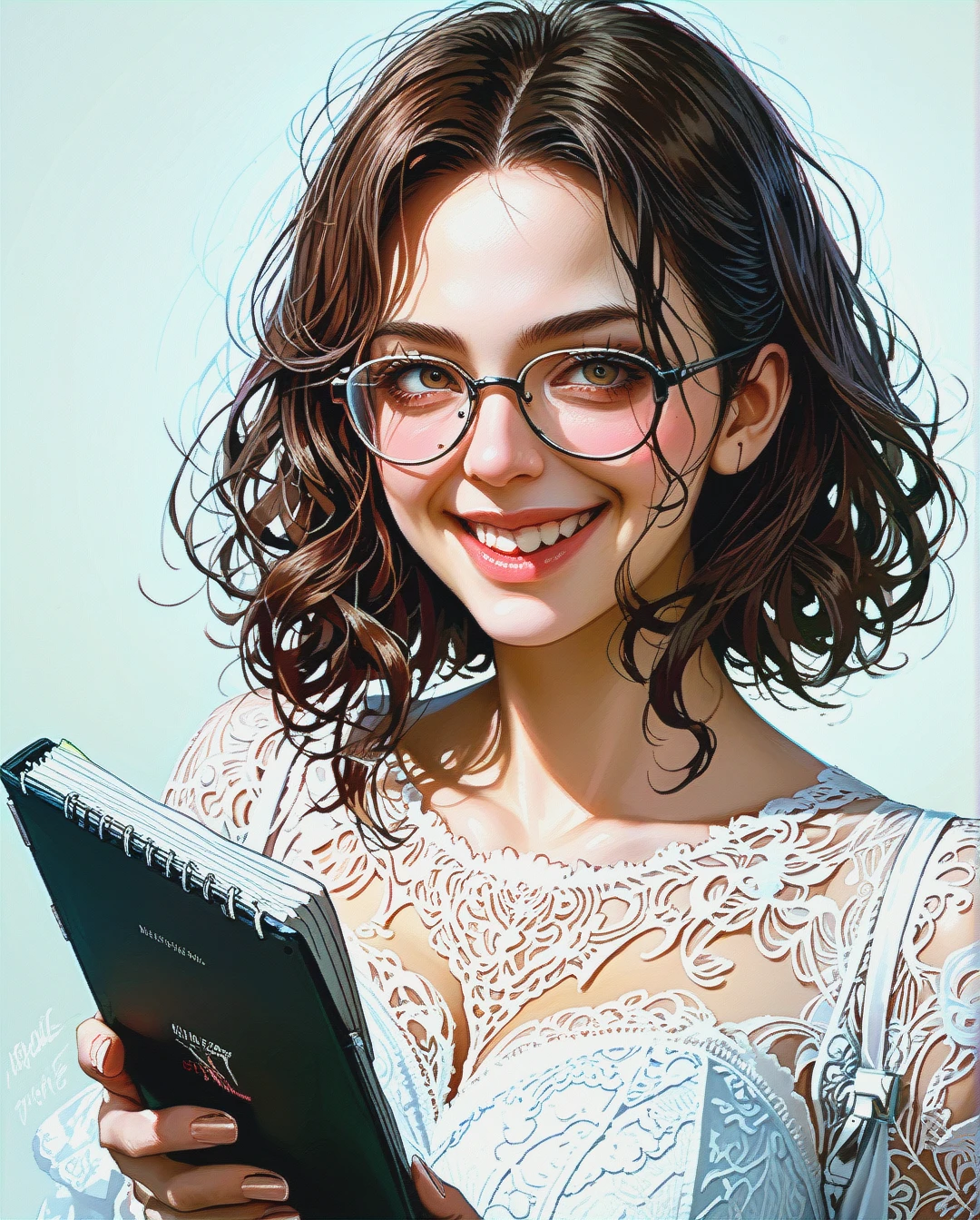 Brunette Girl, 20 Years Old, Glasses, Sexy Highschool Clothes, White lace garter sock, heeled shoes, wavy hairs, Cyberpunk, realistic, happy face, holding notebook.