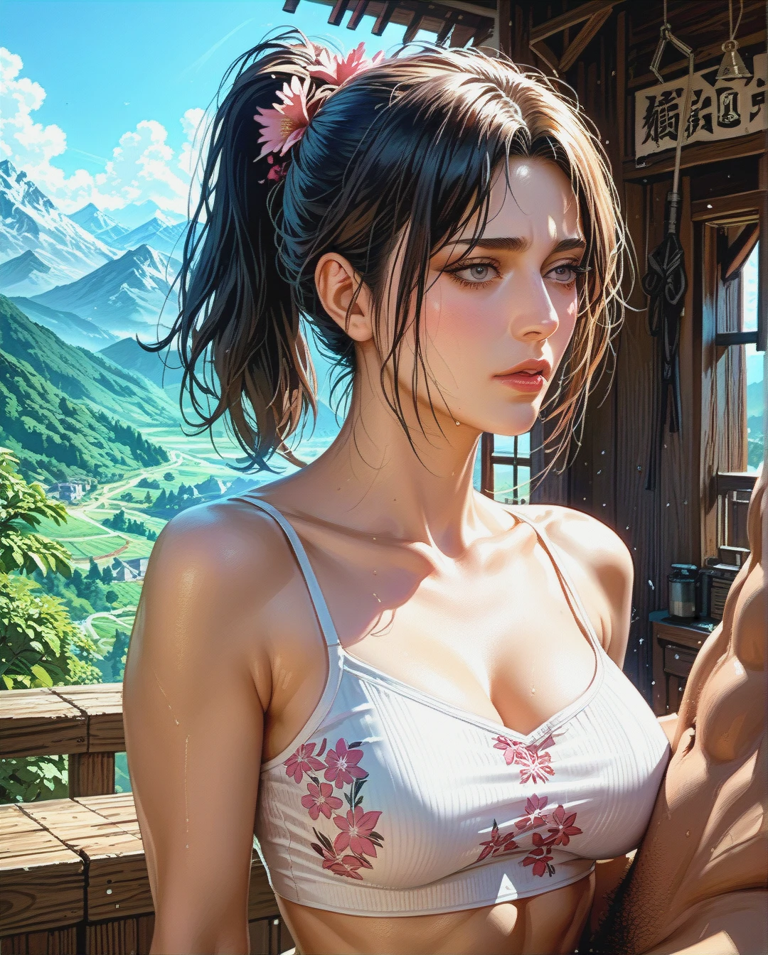 Jang Sun young, mature, attack on Titan, sex sex Breast, mountains,,High Real Realistic Realistic, ponytail ponytail, medium breast,crop top white camisole pink floral,